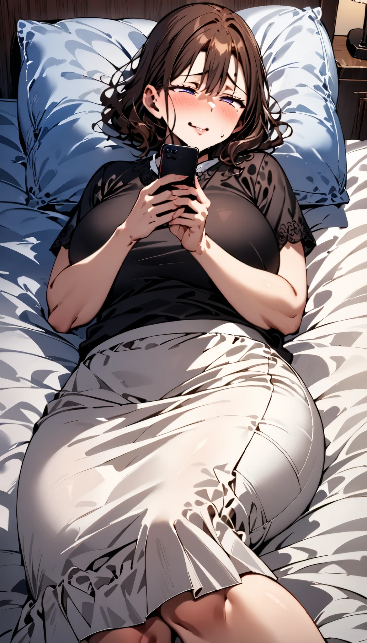 masterpiece, High definition,   beautiful girl , MILF,  huge  ,   hourglass-like body ,  bedroom bed , Lying in bed  , clothes{(  black short sleeve blouse ,   white long skirt  ,)}, Brown short haired waves , matron, A worried face, Lying down and looking at the phone in my hand, married woman