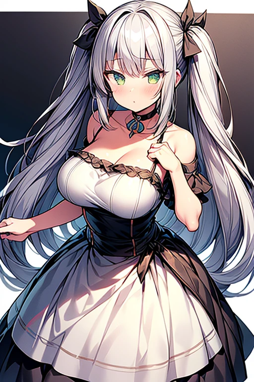 masterpiece, best quality, very aesthetic, zPDXL, 2023, anime style, huge filesize, wallpaper, BREAK suviav5, 1girl, solo, long hair, hair ribbon, green eyes, two side up, bosom, twintails, medium bosom, grey hair, (a domineering girl:1.3), curvy, choker, standing, dynamic_angle, wedding dress,{white_heels:1.1}, choker, standing,dynamic_angle,dynamic_pose, close-up,macro_shot,long, Suvia, Twintails, Long Hair, ribbon, hair, Grey Hair, Green Eyes, Medium Bosom, KS, Detailed Outline, Detailed Linework, Etching, Art Nouveau, Koryu, Detailed Linework, Muted color palette, sketch like, Flat Coloring