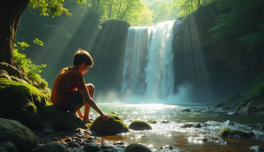 happy boy, brunette, short curly hair, dark eyes, looks 12 years old, in a forest, high detail, Minimalism, Realism, Luminism, admiring a waterfall, UHD, high quality, super detail, high detail, 1080P, HD, 4K, 8k, 16k, premium --auto