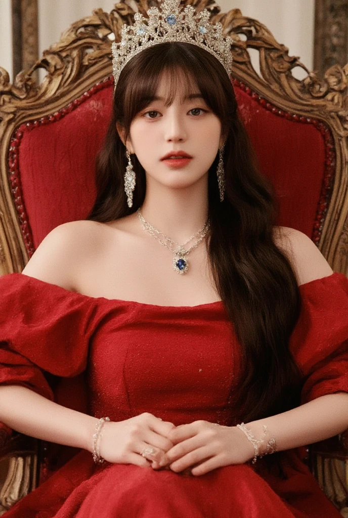 1 girl,beautiful korean girl,long wavy hair , wearing red Queen uniform,diamond embellishment on uniform, studio lighting, , dslr, soft lighting, high quality, light reflections,natural makeup, pale skin, detailed skin, beauty spots, skin fuzz,(full body: 1.3),legs,luxury room,front view,sitting on throne,bare shoulder,queen crown,big blue diamond necklace,diamond accessories,