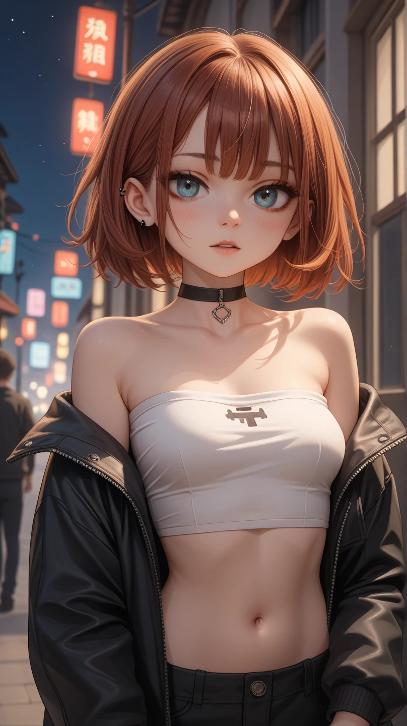 Cute nude young ***********************-**** short goth sister **** girl Chinese woman, Intimate, busty, long auburn hair, feeling , in love, wearing jacket with white inner strapless shirt, black choker, at a brothel at night, midriff croptop