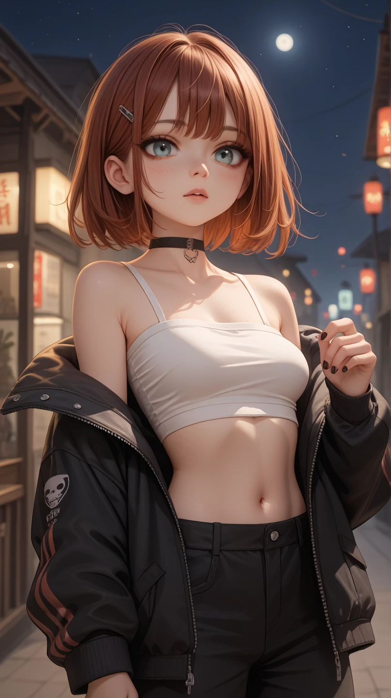 Cute nude young little petite small pre-teen short goth sister teen girl Chinese woman, Intimate, busty, long auburn hair, feeling , in love, wearing jacket with white inner strapless shirt, black choker, at a brothel at night, midriff croptop