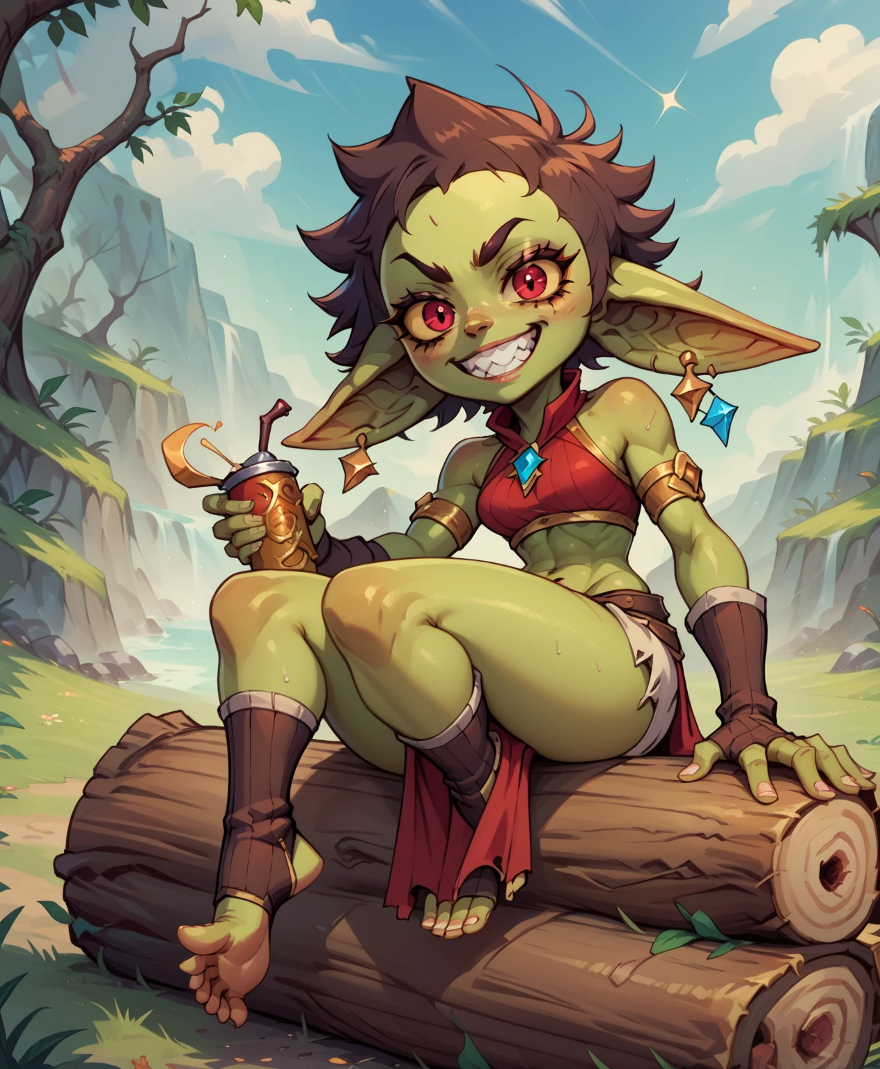 ((goblin)), ((masterpiece)), ((cartoon style)), {(toned body), (thicc figure), (eccentuated curves), (cute feet), (green skin), (short black spiky hair), (red eyes yellow sclera), (long eyelashes), (excited grin)}, {(red crop top), (midriff), (brown belt), (brown loin cloth), (stirrup socks)}, {(sitting on log), (looking at viewer)},