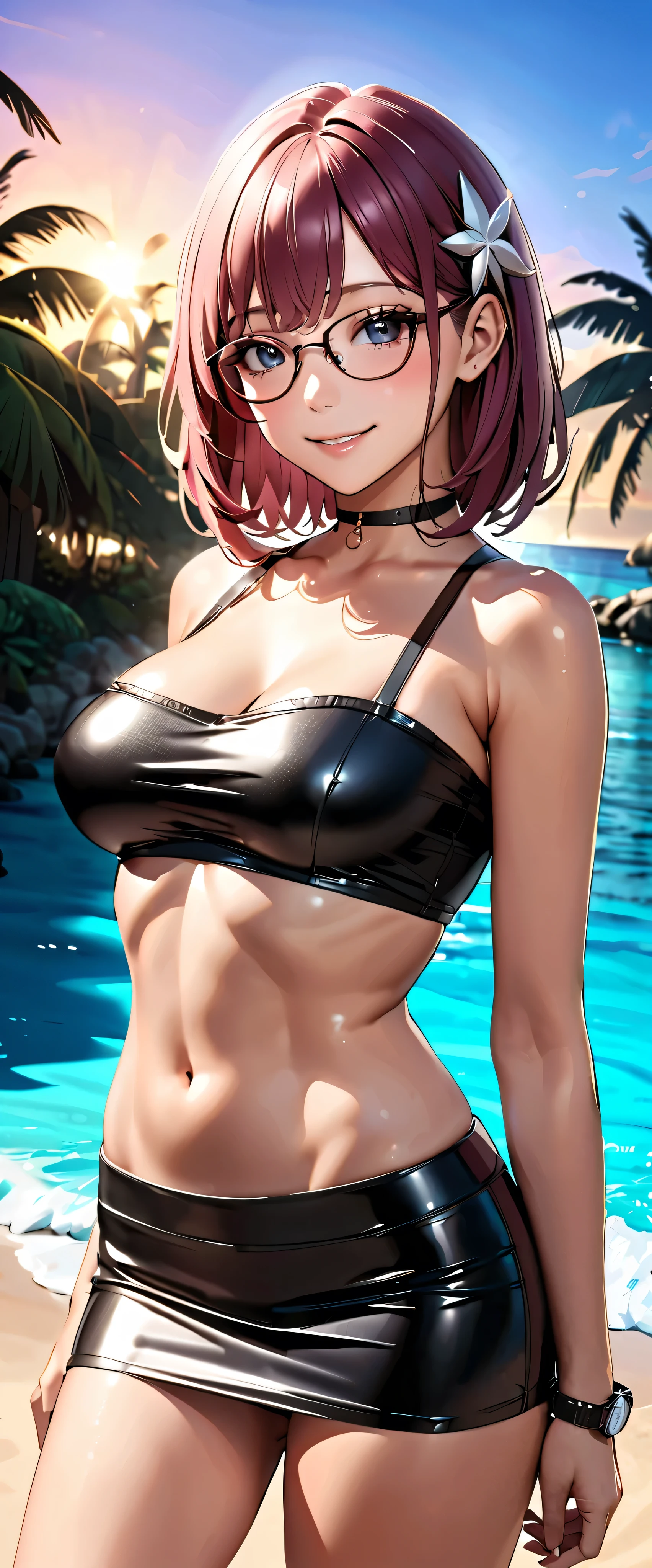  top quality ,  super high res, ( realistic:1.4), One person,  Big Breasts,  black chokers, smile, Exposing shoulders,  Focus Only ,  Watch viewers,Fair skin,sunset, palm trees, photon mapping,  looking up with moist eyes,  RAW photos ,  very detailed background, K-pop idol, is written by,beach, hair ornament, detailed face , pubic skin, game cg,whole body, shiny micro mini skirt,black shiny micro tube top,Glasses