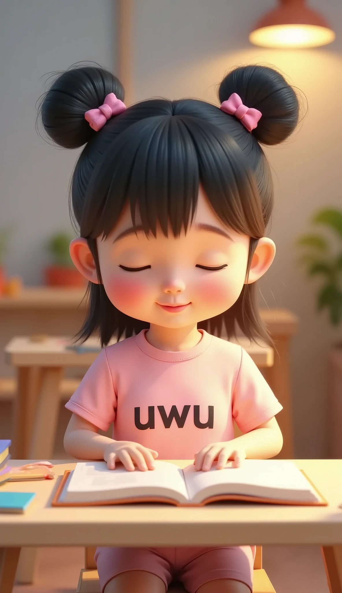 A cute and adorable  girl with her hair styled into two high buns and bangs, her shimmering hair strands glowing under the soft light of a desk lamp. She’s a beautiful  with rosy cheeks, wearing a pastel-colored shirt with the word “uwu” printed on the front. She sits attentively at a small study desk, her tiny hands resting on an open book as she concentrates on her work. The desk is neatly arranged with colorful stationery, a few stacked books, and a glowing study lamp casting a warm light over the scene. Her uwu face radiates curiosity and determination, creating a heartwarming and inspiring moment of hood learning.

