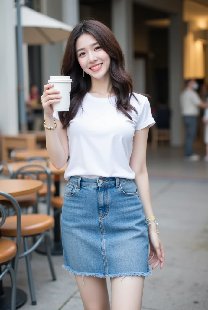 . The image is a digital graphic of a Thai woman. ,White skin and brown hair , Looking with a neutral face color . Smiling, seeing white teeth,, facial features including black eyes and a slight smile.. The background is a cafe, focusing attention on her face,, wearing a cropped T-shirt, round neck, short sleeves, white , Short Pencil Blue Denim Skirt, wearing white sneakers ,Random Pose ,Standing posture,