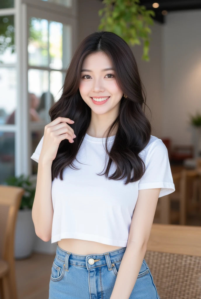 . The image is a digital graphic of a Thai woman. ,White skin and brown hair , Looking with a neutral face color . Smiling, seeing white teeth,, facial features including black eyes and a slight smile.. The background is a cafe, focusing attention on her face,, wearing a cropped T-shirt, round neck, short sleeves, white , Short Pencil Blue Denim Skirt, wearing white sneakers ,Random Pose ,Standing posture,