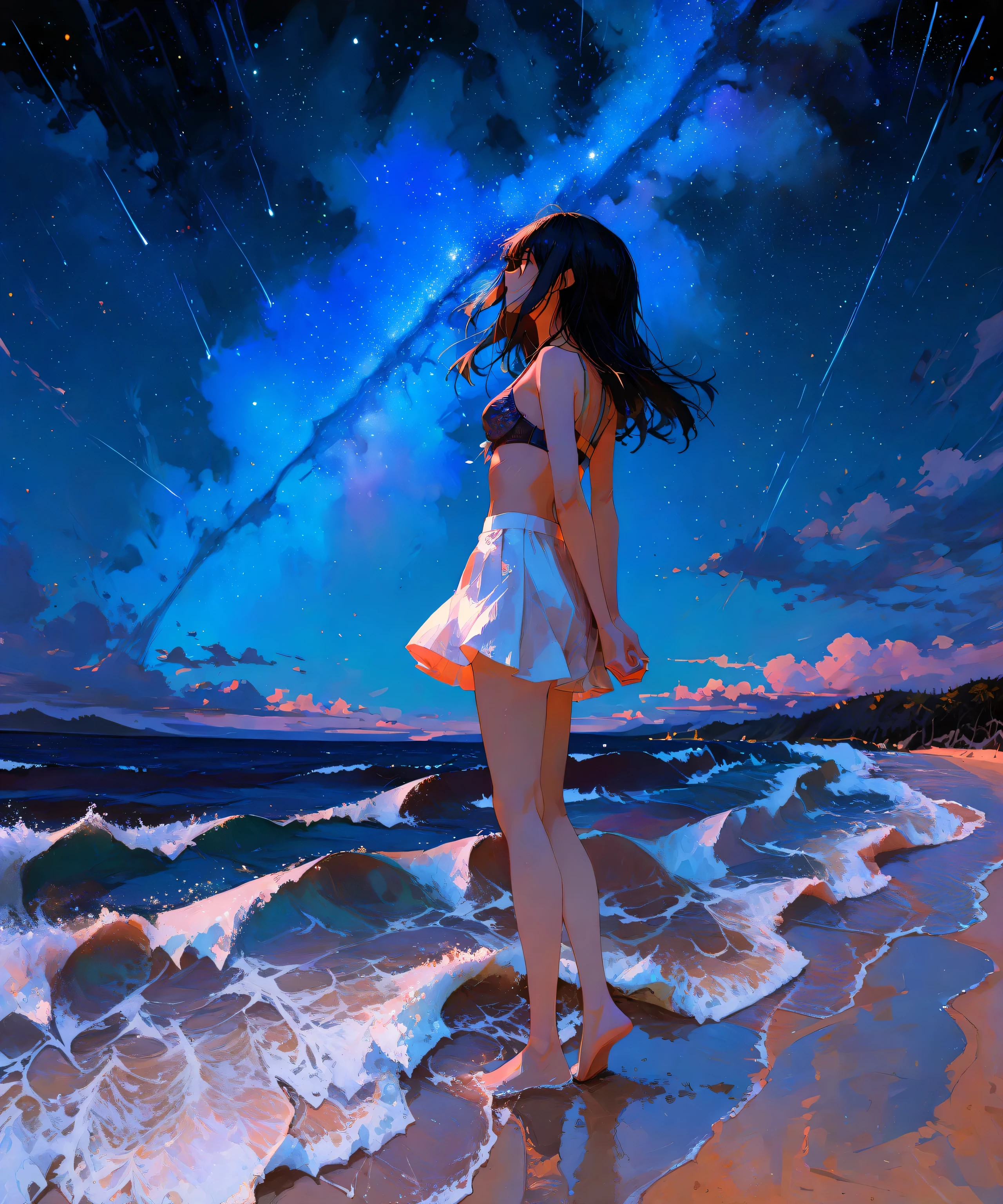 masterpiece, best quality, very aesthetic,absurdres, high score, great score, faux traditional media, painterly, sharp outlines, 1woman ,solo, stands alone on moonlit beach, looking above,hands behind back,long hair flowing in sea breeze,bra,short skirt,bare legs,bare feet,waves gently crashing behind her,twinkling stars in the sky, night time,starry night,fine detailing ,from side,wide shot, detailed face, perfect waves, black hair,