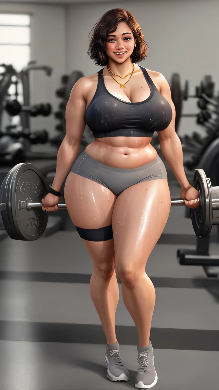 Full body photo of a tanned and curvy gym instructor, wearing gray cotton underwear , Calvin Klein , ( high stockings ) , thick thighs , wide hip, squat exercises , full of happiness, She looks so happy , sweaty body , Her underwear is drenched in sweat . , big eyes , wide and bold lips, athletics gym , bright sunlight , voluptuous curvaceous body , super realistic skin , super detailed face , Short bob hair , sexy long legs, huge breasts with deep neckline , Simple gold necklace , ( Low-waist underwear ) , perfect abs , thick thighs , thick calves , thick abdomen wide fat , attractive smile, red blushed cheek , smiling maliciously ,photorealistic , 8K, ultra realistic .