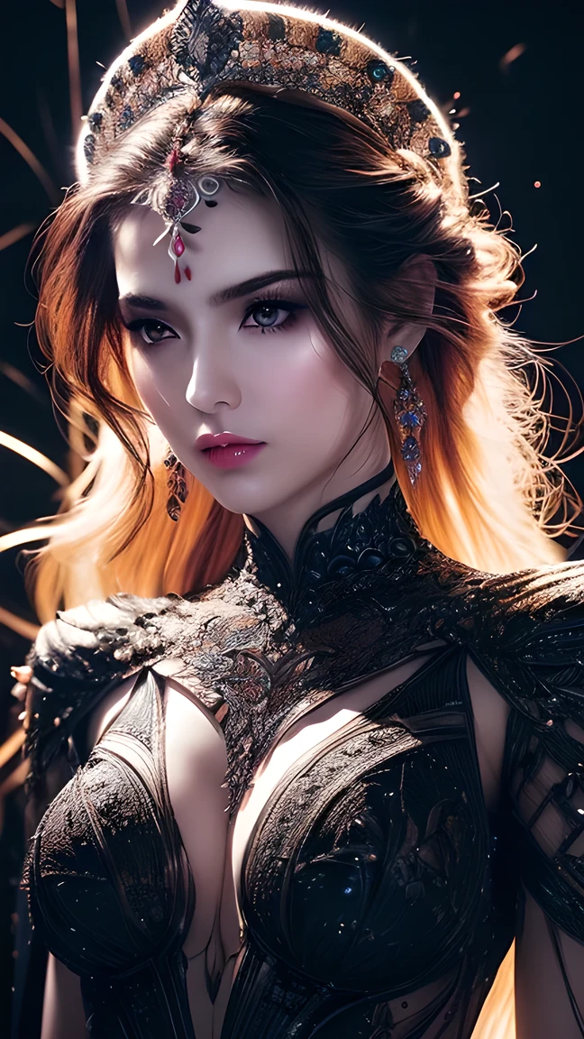 4K resolution, 8K resolution on the front, beautiful , top quality,Very good, Very detailed, ultra high resolution,masterpiece,( Actual :1.5),( Actual :1.5),Increased depth of field , cinematic lighting , an elegant mature woman , Long black hair,(Beautiful face with exquisite details:1.5), Face with gentle expression ,Clear white skin ,(Very Fine Skin Textures :1.5),Massive scale ,Glamorous Body, anatomically correct body,(whole body) Elegant Summer Beachwear , elaborate design ,Gorgeous and detailed pattern, Exquisite Patterns , detailed cloth texture ,A beautiful face adorned with luxurious jewels , ( black background :1.6), ( Dramatic Angle:1.5),