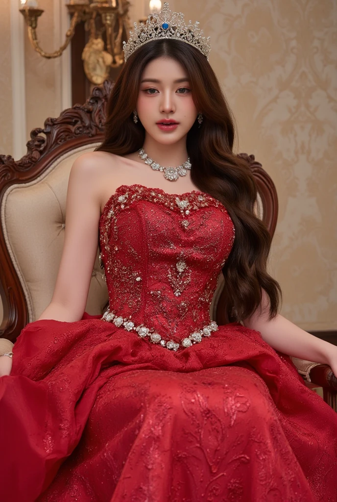 1 girl,beautiful korean girl,long wavy hair , wearing red Queen uniform,diamond embellishment on uniform, studio lighting, , dslr, soft lighting, high quality, light reflections,natural makeup, pale skin, detailed skin, beauty spots, skin fuzz,(full body: 1.3),legs,luxury room,front view,sitting on throne,bare shoulder,queen crown,big blue diamond necklace,diamond accessories,