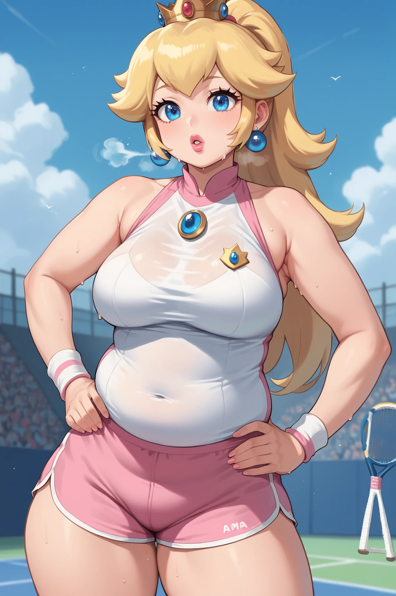 score_9_up, score_8_up, score_7_up, source_anime, (masterpiece, perfectly detailed, detailed face, detailed eyes, beautiful eyes), CuteMaster_PS, 1girl, princess peach, blonde hair, crown, blue eyes, ponytail, jewelry, tennis racket, sleeveless, earrings, ball, armpits, holding, medium breasts, half body, pink shorts, wristband, sportswear, parted lips, shirt, pink lips, out of breath, sweaty, open mouth, hands on hips, obese, chubby, big arms, thick thighs 