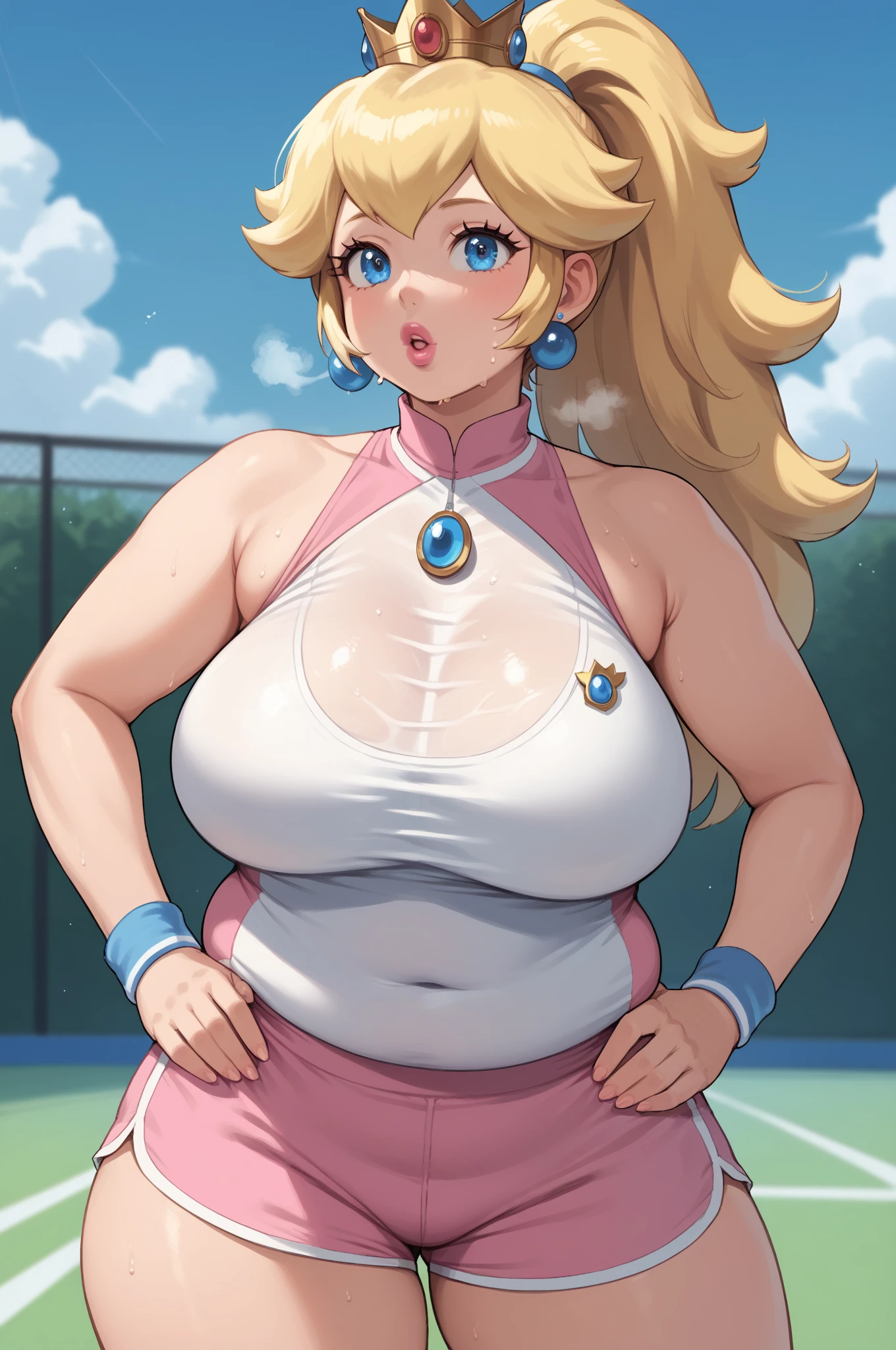 score_9_up, score_8_up, score_7_up, source_anime, (masterpiece, perfectly detailed, detailed face, detailed eyes, beautiful eyes), CuteMaster_PS, 1girl, princess peach, blonde hair, crown, blue eyes, ponytail, jewelry, tennis racket, sleeveless, earrings, ball, armpits, holding, medium breasts, half body, pink shorts, wristband, sportswear, parted lips, shirt, pink lips, out of breath, sweaty, open mouth, hands on hips, obese, chubby, big arms, thick thighs 