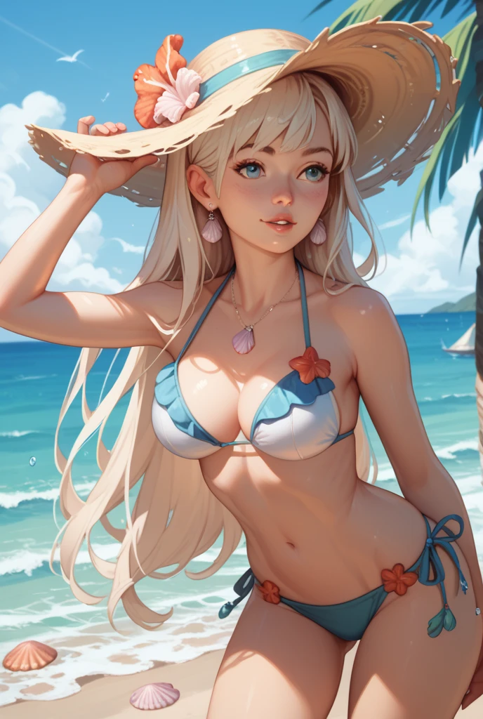 nsfw:1.6, Top quality, masterpiece, ultra high resolution, , (top quality, high resolution, 4K, detailed lighting, shaders, perfect anatomy, perfect proportions), eye of the beholder, (masterpiece, top quality) (top quality, 4K, 8K, high resolution, masterpiece: 1.2), highly detailed, (masterpiece: 1.3, top quality, ultra high resolution, ultra detailed), (top quality: 1.2), perfect eyes, perfect face, perfect lighting, (top quality, 4K, 8K, high resolution, masterpiece: 1.2), highly detailed, (top quality, 4K, 8K, high resolution, masterpiece: 1.5), highly detailed, masterpiece, top quality, ultra detailed, top quality, high resolution, 32K CG, very delicate and beautiful, illustration, high resolution, sharp focus, front lighting, glow, girl 1 person, solo, smiling, very beautiful and detailed anime face, very detailed eyes, ((masterpiece)), ((best quality)), (super detailed), ((cute)), cute, ((very detailed)), 4K, (8K), best quality, (best quality, 8K, 32k, masterpiece, super high resolution, very detailed, impressionistic:1.2), blurred background, two arms, two foot, four fingers and 1 thumb, Best quality ,

((Early summer sun)). Outdoors. ((((Deserted island beach)))). Girl. ((Tan lines: 1.2)). (((Dancing enthusiastically))). Water's edge. Calm, calm sea. ((Relaxed)). (((Blonde))). Thin hair. (((Large white hat for women))). (((Long straight hair))). (((Bangs swept to the side, revealing a large forehead))). Beautiful blue-green eyes. Deep pupils. Pink lips. ((Big boobs)). Full breasts. Well-developed breasts. Well-shaped breasts. Narrow waist. Perfect proportions. Slender body. Well-proportioned body. Small pink nipples. ((White panties)). ((((Topless)))). A bright smile. (Squinting eyes). Laughing. Blushing face.  (((White choker))). ((White waist belt)). Earrings. Necklace. Bracelet. Anklet. Barefoot. (Bust up). Side. From above. Profile.