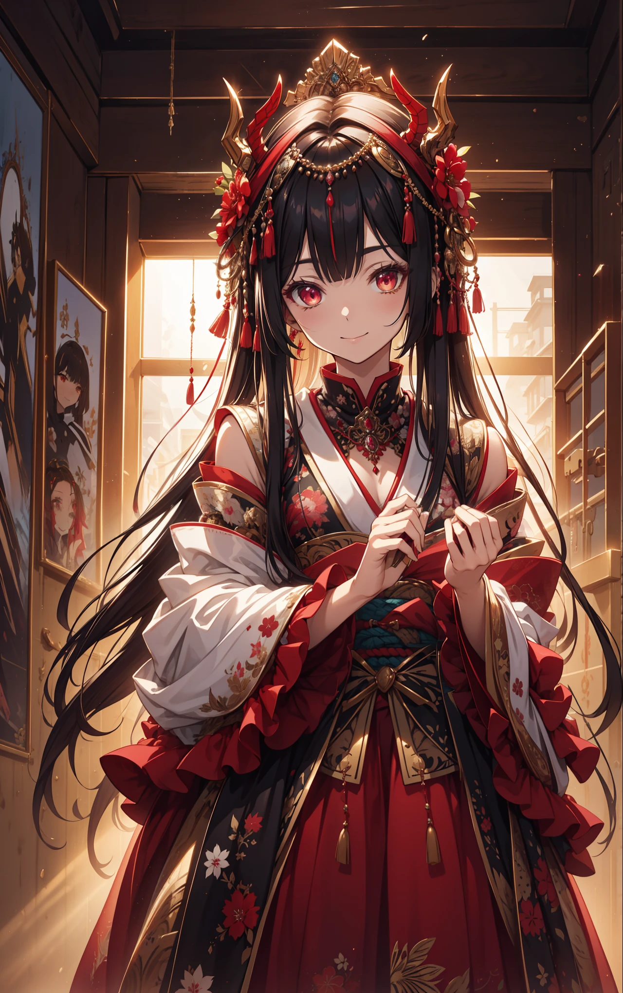 Anime girl in a red dress with a red flower crown - SeaArt AI