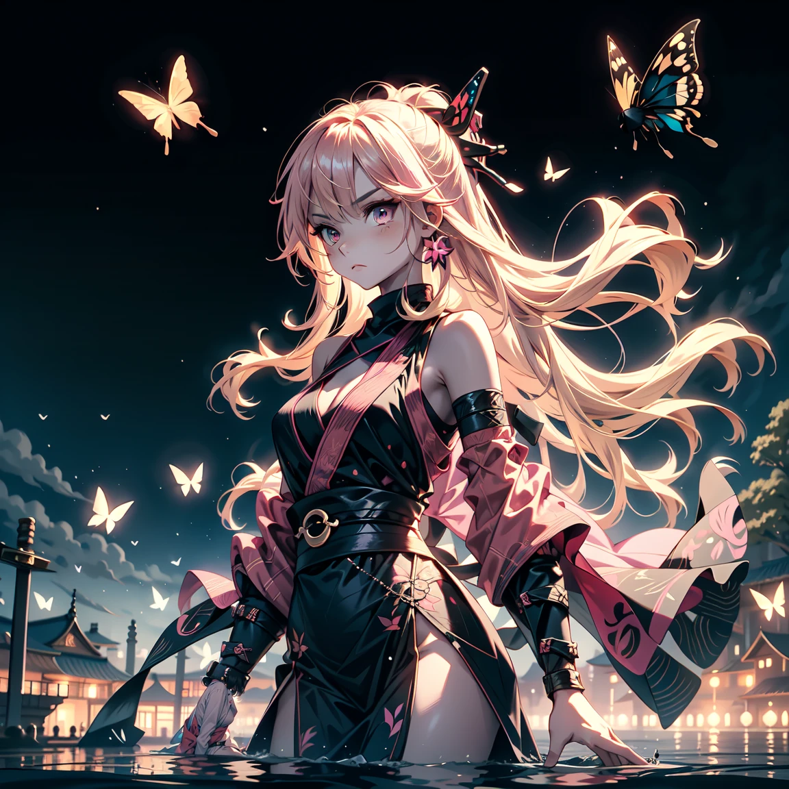  Ninja girl standing on lake,  1 female ninja , Long hair,   butterfly embroidered  , Have a sword, Calm down , Long black dress in ninja style, Holding a dagger, Action Post ,  A large number of pink butterflies,  without background, nighttime , Dark tone