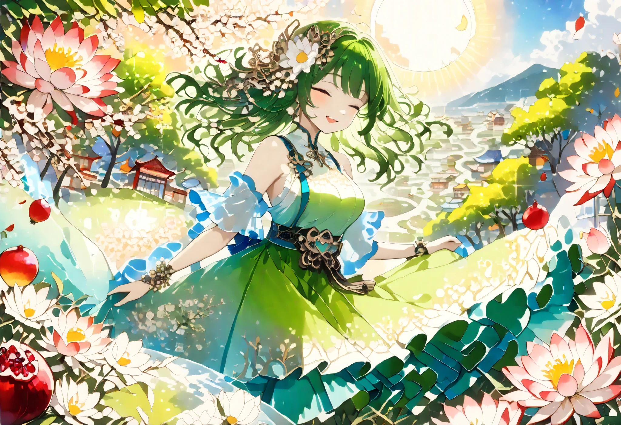(((An elaborate watercolor painting depicting a beautiful landscape containing an underground city))),(((Soul Love ))),(( top quality ,masterpiece:1.5)),((Earth Goddess)),((Kore )),(( Field of Elysion )),(( an elaborate watercolor painting depicting a beautiful landscape containing an underground city with an overall mint green tinge )),( Large Coloured Photons :1.5),( splendid pomegranate in the foreground ),( pearl white ),(Perfect Anatomy),( Ultra High Quality ),( detailed background),(Artwork),( shining flowers ),(Great harmony ),(The 々 creatures you depict are beautiful),Desaturated:1.1, Rich Color Palette ,Beautiful and fantastic lighting, anime style,Mnemosyne ,truth,joy,thank you,comfortable,fair,Elegance,Polite , true strength , full of vitality ,altruism,Beautiful,clean, soft,Here and now , Forget Time ,Unadorned ,fun,continuation,Abundance,spring,Dazzling light,Sacred tree of golden branches,chrysanthemum,Cute Cat,garden