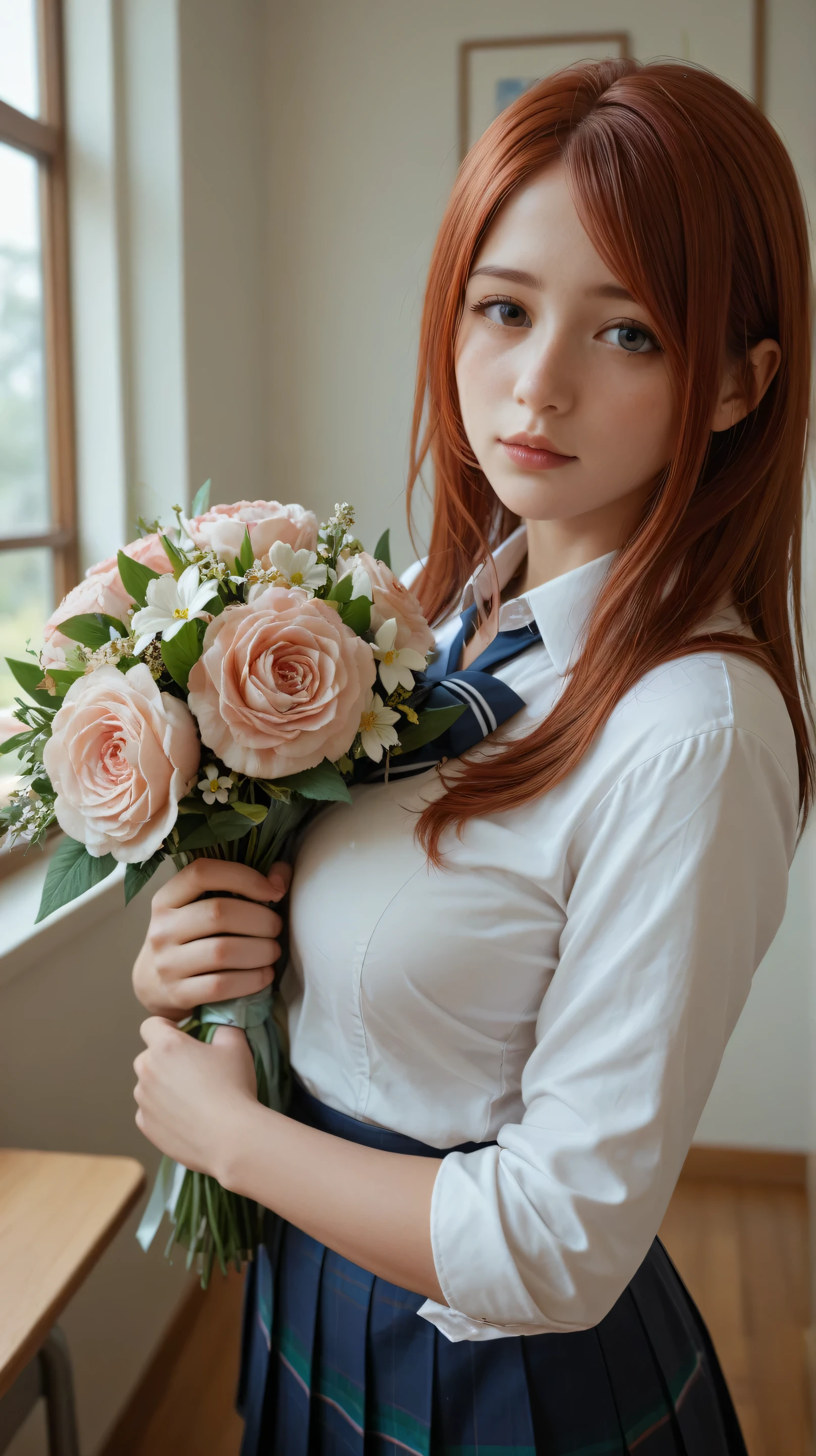 Hanako Arasaka, Intimate, busty, long auburn hair, feeling , in love, wearing school outfit, standing, facing viewer's pov, looling back at viewer, holding a bouquet of flowers