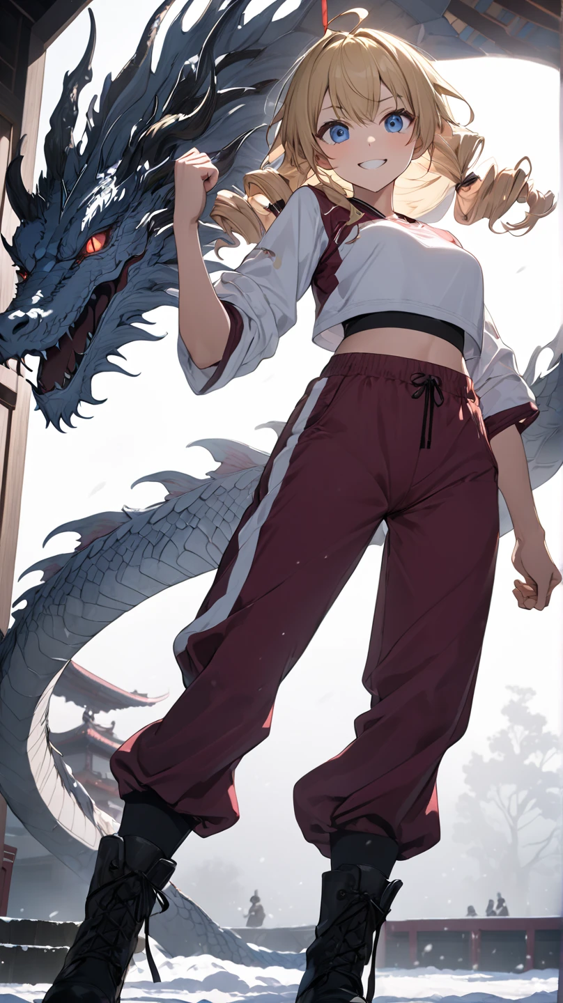 ultra-detailed, detailed face, Solo, a girl, blonde, long hair, drill hair, ahoge, blue eyes, slant eyes, narrow eyes, maroon sportswear long pants, maroon sportswear, Black platform boots, grinning, neutral, expressionless, Mouth grinning, raised fist, (a white eastern dragon glares behind the girl), white snow background with east asian architecture, anime, illustration, masterpiece, best quality, detailed, mystical atmosphere, Dark atmosphere, soft-edged, soft surface, simple line drawing, spot lighting, backlighting, moody lighting, underlighting, sharp shadows, fast shutter speed, 2D Anime, Best Hands, Best Hand, 135mm, F4.0, SONY FE GM,  クローズアップ, 