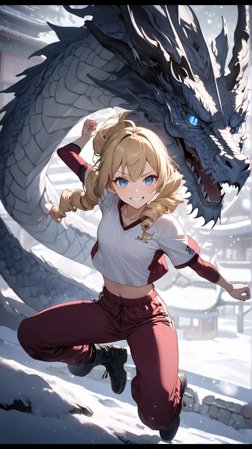 ultra-detailed, detailed face, Solo, a girl, blonde, long hair, drill hair, ahoge, blue eyes, slant eyes, narrow eyes, maroon sportswear long pants, maroon sportswear, Black platform boots, grinning, neutral, expressionless, Mouth grinning, raised fist, (a white eastern dragon glares behind the girl), white snow background with east asian architecture, anime, illustration, masterpiece, best quality, detailed, mystical atmosphere, Dark atmosphere, soft-edged, soft surface, simple line drawing, spot lighting, backlighting, moody lighting, underlighting, sharp shadows, fast shutter speed, 2D Anime, Best Hands, Best Hand, 135mm, F4.0, SONY FE GM,  クローズアップ, 