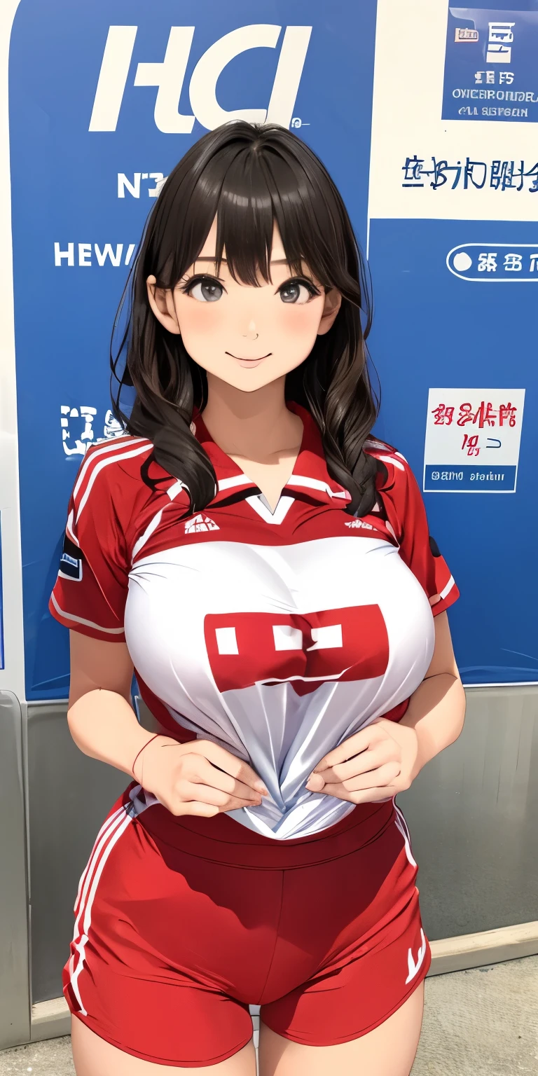 (((run and jump in city :1.5)))、((open a vaginal hole))、(((sloppily drooping gigantic braests:1.5)))、((tight waist:1.2))、(((wear volleyball uniform:1.2))、there is a woman with a very large breast posing for a picture, ((wear volleyball uniform:1.2))、cute seductive smile, Realistic Young Gravure Idol, goddess of Japan, Beautiful Asian Girl, friendly seductive smile, young and cute girl, girl cute-fine-face,