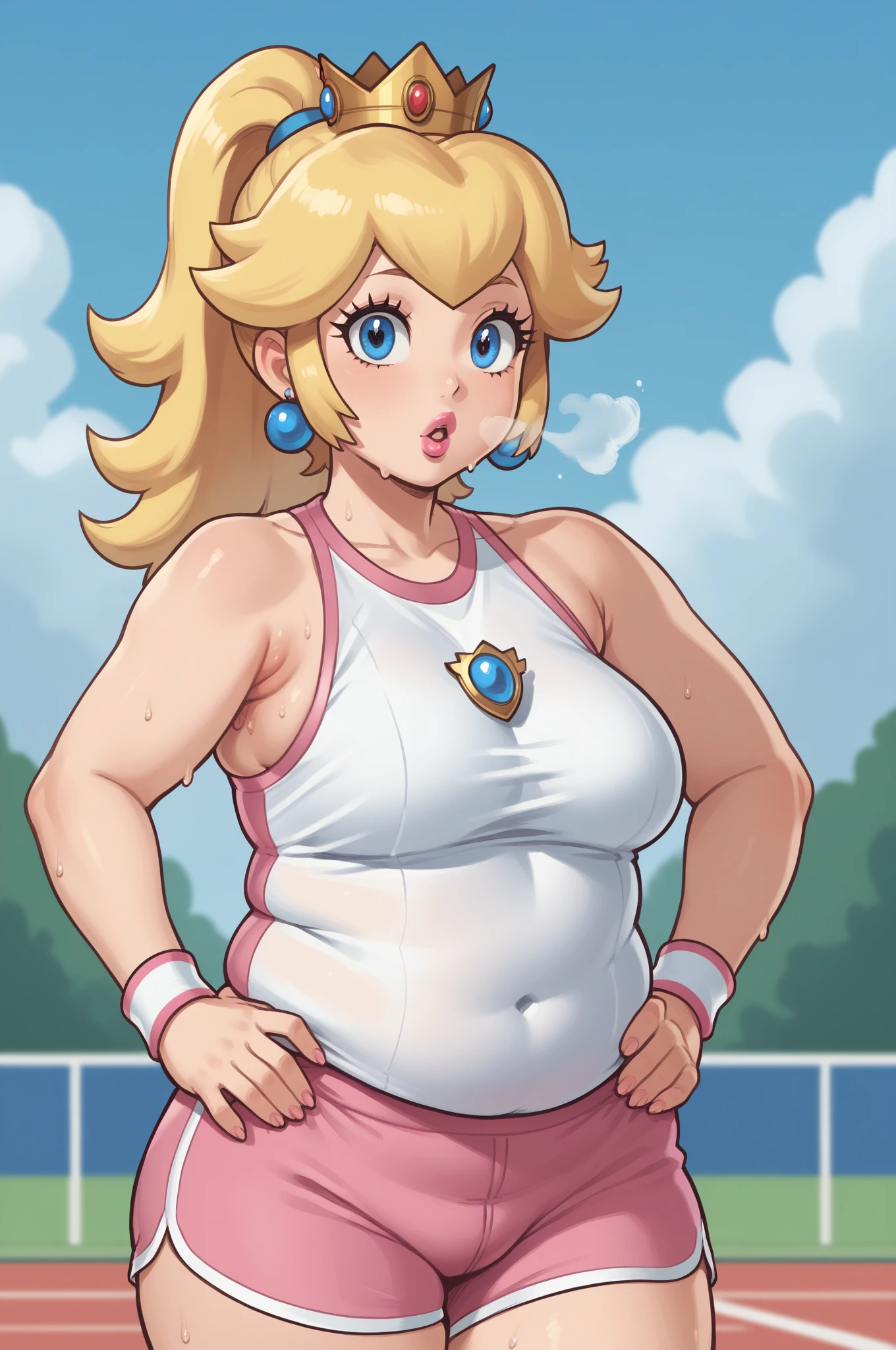 score_9_up, score_8_up, score_7_up, source_anime, (masterpiece, perfectly detailed, detailed face, detailed eyes, beautiful eyes), CuteMaster_PS, 1girl, princess peach, blonde hair, crown, blue eyes, ponytail, jewelry, tennis racket, sleeveless, earrings, ball, armpits, holding, medium breasts, half body, pink shorts, wristband, sportswear, parted lips, shirt, pink lips, out of breath, sweaty, open mouth, hands on hips, obese, chubby, big arms, thick thighs 