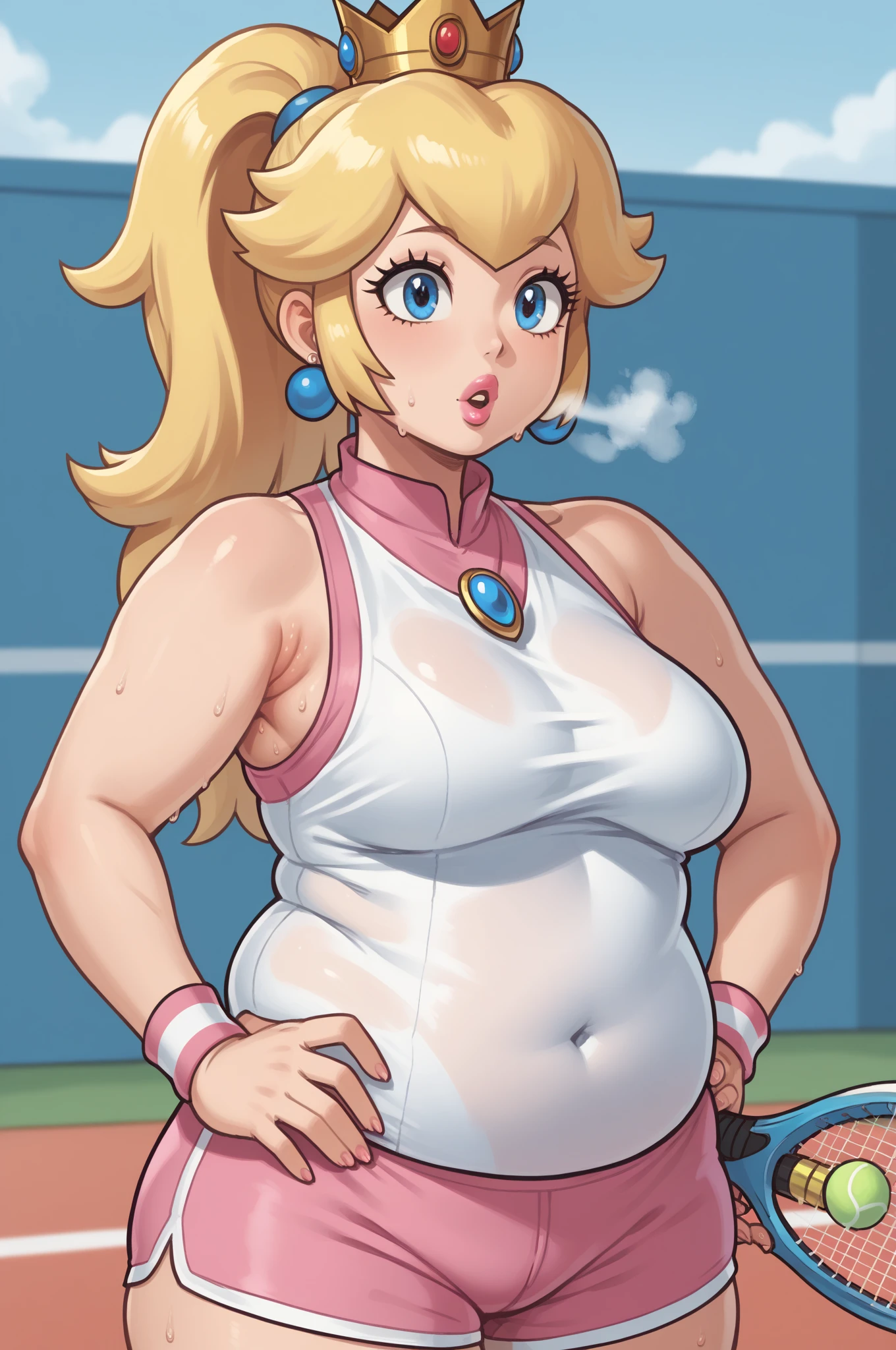 score_9_up, score_8_up, score_7_up, source_anime, (masterpiece, perfectly detailed, detailed face, detailed eyes, beautiful eyes), CuteMaster_PS, 1girl, princess peach, blonde hair, crown, blue eyes, ponytail, jewelry, tennis racket, sleeveless, earrings, ball, armpits, holding, medium breasts, half body, pink shorts, wristband, sportswear, parted lips, shirt, pink lips, out of breath, sweaty, open mouth, hands on hips, obese, chubby, big arms, thick thighs 