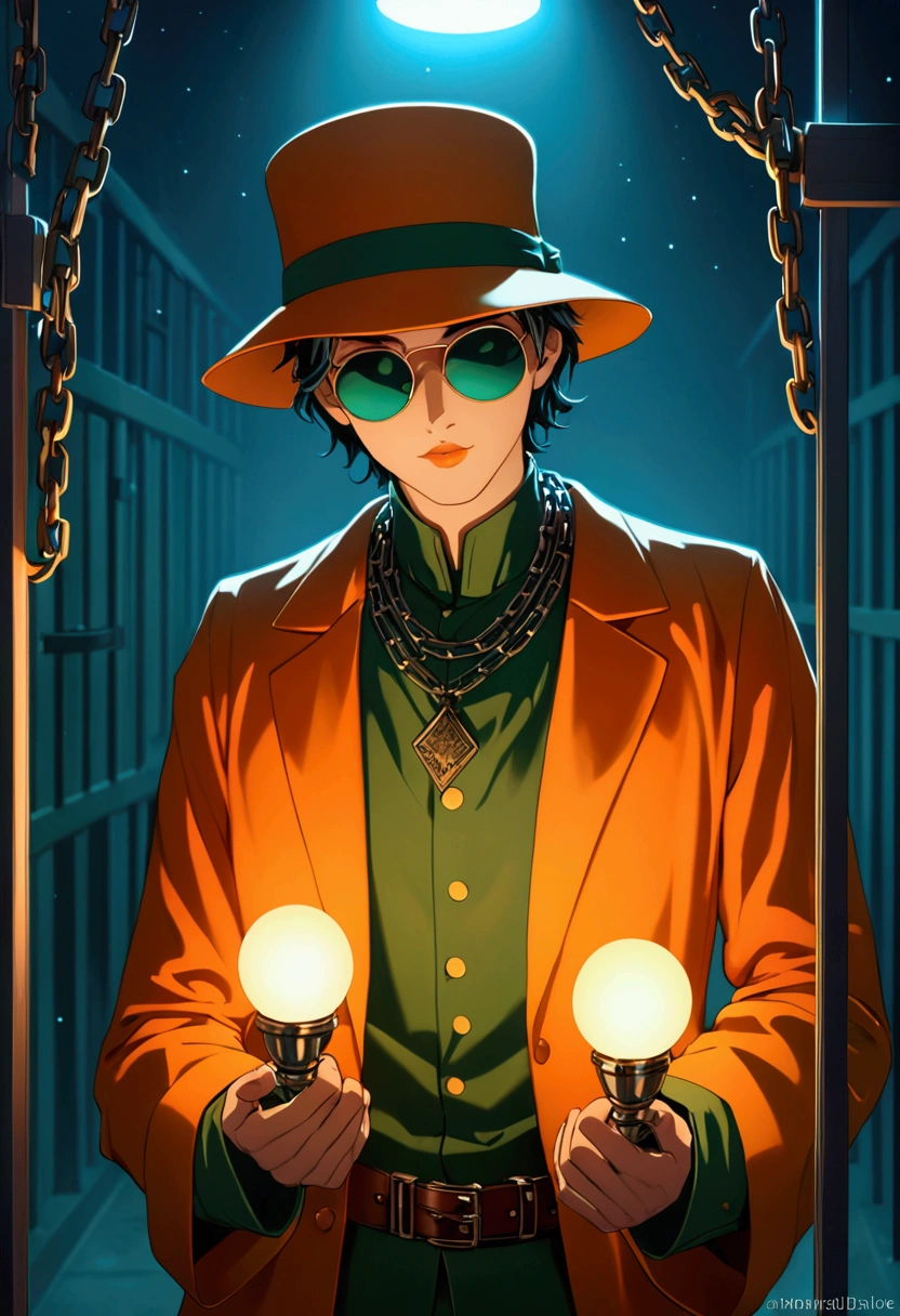 a man with chains and chains locked in jail cell room illuminated by a lamp, hat, sunglasses, tongue out, chain, tongue, cuffs, 1boy, 
, 
\beautiful composition, cinematic lighting, extremely detailed, 8k, cinematic postprocessing, {{bad fingers,bad-anatomy,missing-fingers}}, {{signature,watermark,username,artist name}}, {{retro style,poor-quality }}, Maximum Facial Detail, Maximum Detailed Texture, Maximum Detailed Shadow, Maximum Detailed Background,bioluminescence,character focus, depth of field, glowing particles, glowing, reflection,  green theme, ,,character focus, depth of field, glowing particles, glowing, reflection, blue theme, red theme, green theme, orange theme, yellow theme,pose,character focus, depth of field, glowing particles, glowing, reflection, blue theme, red theme, green theme, orange theme, yellow theme,pose