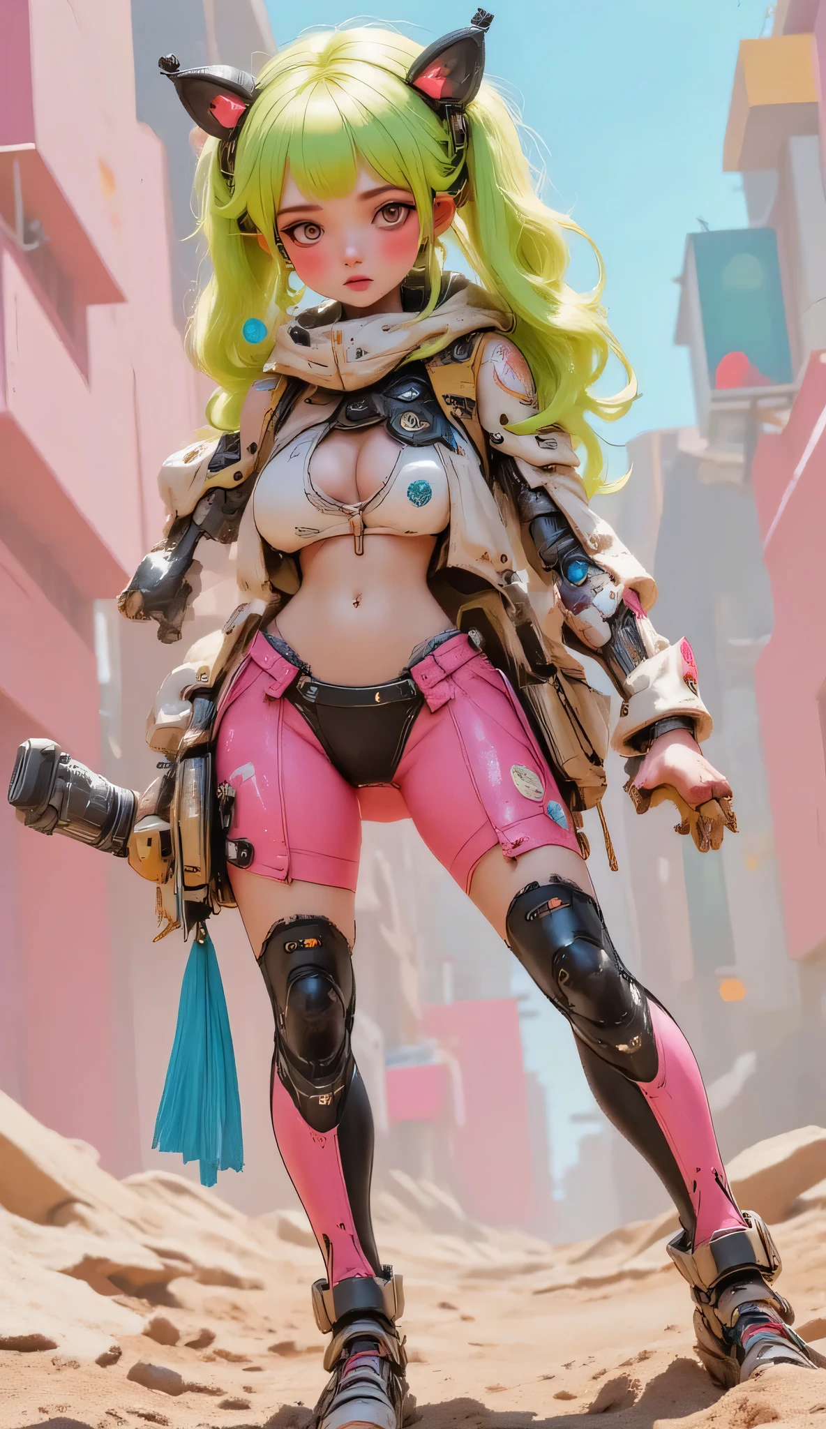 cyberpunked　girl with　smil　leather jackets　Pink Leather Pants　Colossal tits　Pink hair　beautiful a girl