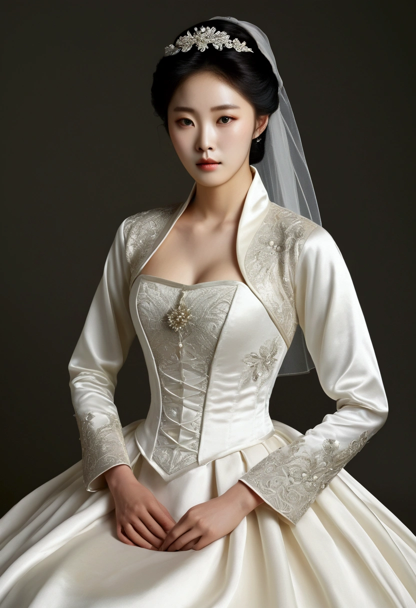 A Korean man had surgery to change his body from male to female, his body is completely female, he has big breasts like a woman, but his face is not changed and still looks like a man, His hair is still manly and short, he is wearing a women's wedding dress,  wedding gown, Vintage wedding dresses, medieval dresses, he is wearing Long sleeve cropped jacket, he is wearing Long sleeve bolero jacket, silk, shiny satin, , sit quietly