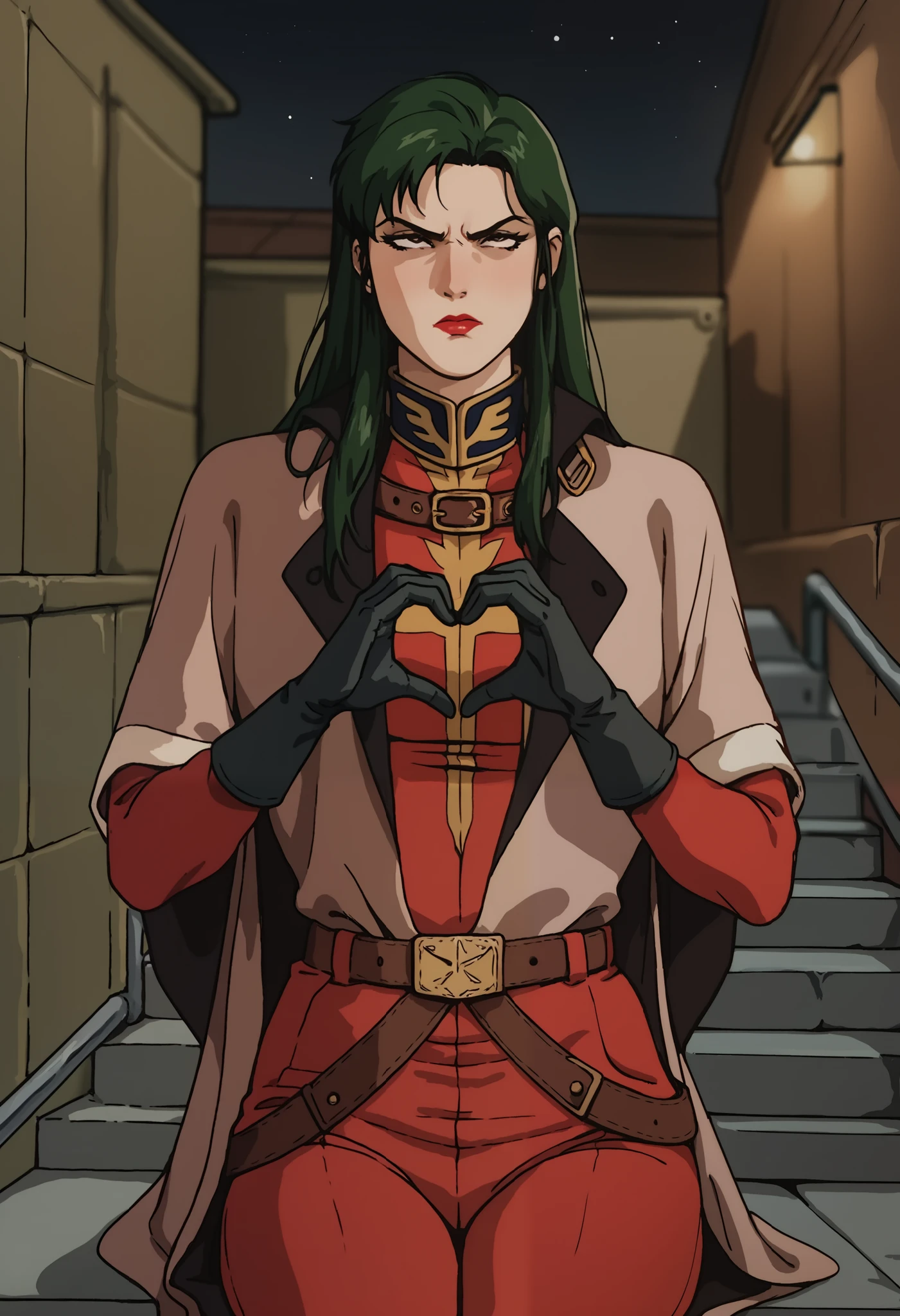  spat roll up a hot spring trip for 2 days and 1 night,Have sexual intercourse instinctively ,  Striped gull,  long hair,  green hair sitting on an alley steps , lipstick,  dark eyes,Cape, uniform,  Black Gloves, belt,  red pants ,Heart Hands, ,  Disgust,  viewers,  cowboy shot, Outdoor, Outdoor Bath