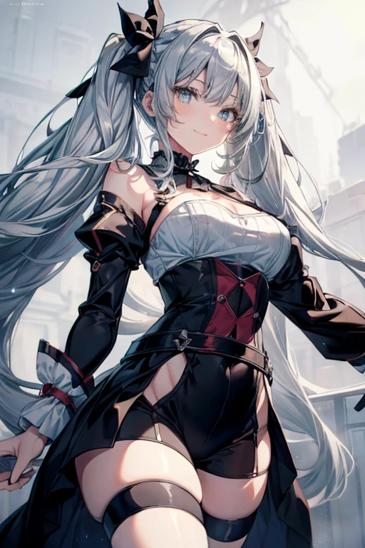 (from below:1.2),masterpiece, best quality, very aesthetic, zPDXL, 2023, anime style, huge filesize, wallpaper, BREAK suviav5, 1girl, solo, long hair, hair ribbon, green eyes, two side up, bosom, twintails, medium bosom, grey hair, (a domineering girl:1.3), curvy, choker, standing, dynamic_angle, wedding dress,{white_heels:1.1}, choker, standing,dynamic_angle,dynamic_pose, close-up,macro_shot,long, Suvia, Twintails, Long Hair, ribbon, hair, SilverGrey Hair, blue Eyes, Medium Bosom, KS, Detailed Outline, Detailed Linework, Etching, Art Nouveau, Koryu, Detailed Linework, Muted color palette, sketch like, Flat Coloring,(with sparkling eyes and a contagious smile),her thin pubic hair:1.2, looking at viewer