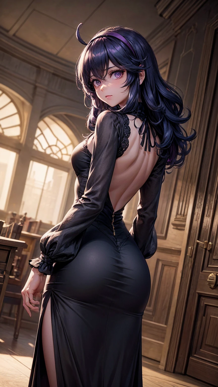 great masterpiece, (Unreal Engine), reality:1.5, Ultra-fine, Rich Contrast, High Quality, 8k, Hi-Res Texture, Amazing Absolute Resolution, Advanced Settings, colorful, Clear Images, DIGITAL BLENDING, (Hasselblad Photography, Distorted angle of view), 

beautiful woman, hex maniac,  headband,  messy hair,  purple eyes, Purple Hair, purple  headband, @ @,
black  dress,  dress, long  dress,  Long Sleeve ,  Juliet sleeve,correct,

indoor, library,  bend your back,
viewers, cowboy shot, Dutch angle to the side,