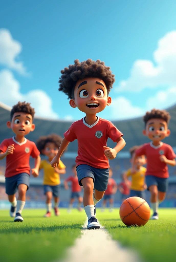 Create for me an image of a  black boy playing soccer with his friends on a soccer field, and that they are wearing colorful vests as if they were training 