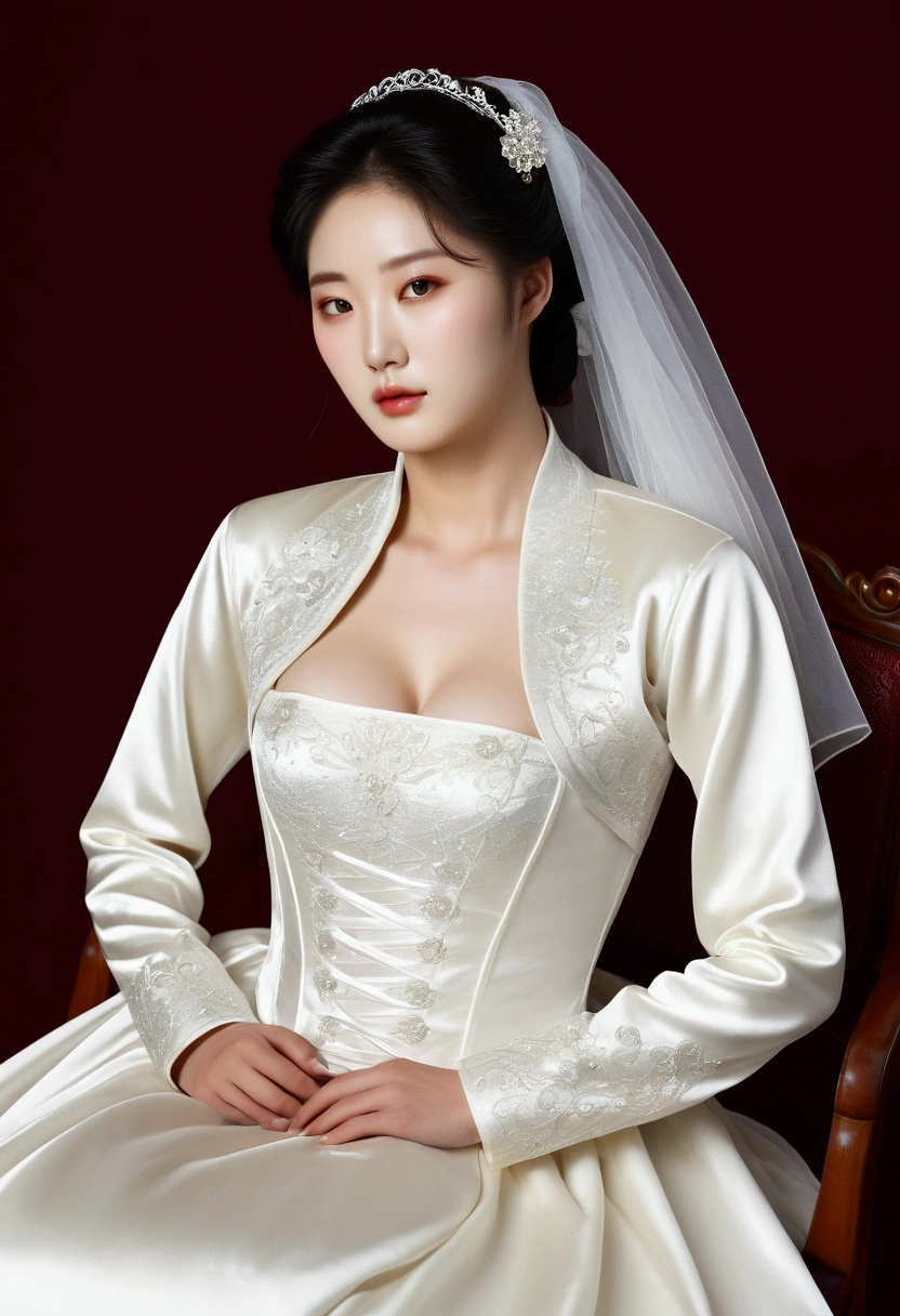 A Korean man had surgery to change his body from male to female, his body is completely female, he has big breasts like a woman, but his face is not changed and still looks like a man, His hair is still manly and short, he is wearing a women's wedding dress,  wedding gown, Vintage wedding dresses, medieval dresses, he is wearing Long sleeve cropped jacket, he is wearing Long sleeve bolero jacket, silk, shiny satin, sitting on a chair