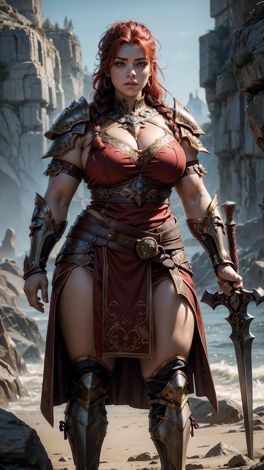 (masterpiece, top quality, best quality, official art, beautiful and aesthetic:1.2), (1girl:1.3), ((Sharp facial features, sharp features, hawkish features)), ((big hair, long black hair, ponytail)), big tiddy chaos warrior girl, extremely detailed, portrait, looking at viewer, solo, (full body:0.6), detailed background, full-body shot, (hot desert mountain theme:1.1), chaos warrior, (spiky helmet), charlatan, smirk, mysterious, swaying in mountains, armor, red metal, brass trim, long boots, dual axes, blood red fabric, pelvic curtain, loincloth, black leather, ((((spiky armor, bulbous heavy armor, blood, armored, gigantic breasts, long legs, pelvic curtain, toned, muscular)))), cute belly button, toned tummy, slim waist, slim hips, long legs, medieval (mountain exterior:1.1) background, dark mysterious lighting, shadows, magical atmosphere, dutch angle