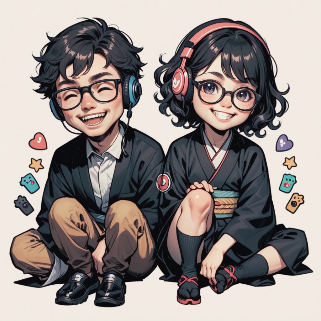 Japanese boy wearing black suit and Japanese girl wearing black Japanese-kimono, one person, black wavy hair, semi-short hair, wearing glasses, Front facing, gaming headset, full body image, icon, smiling, chibi, kawaii