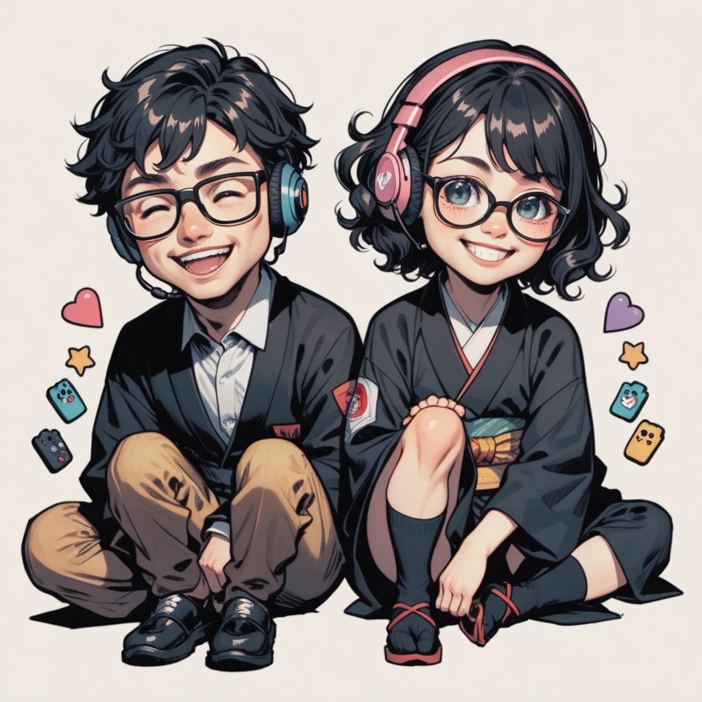 Japanese boy wearing black suit and Japanese girl wearing black Japanese-kimono, one person, black wavy hair, semi-short hair, wearing glasses, Front facing, gaming headset, full body image, icon, smiling, chibi, kawaii