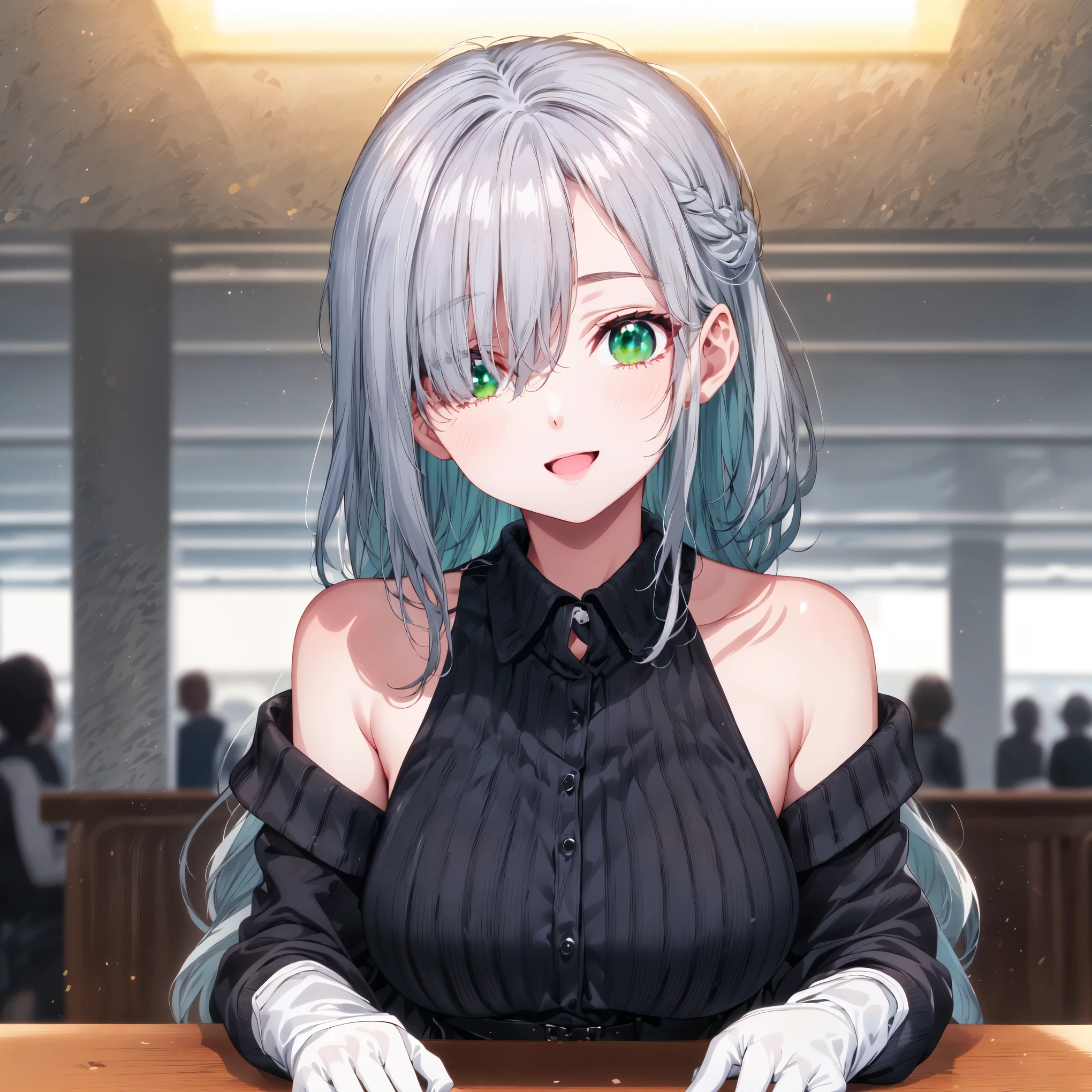 (( Ultra Details )), (top-quality), (( masterpiece)), (( Very Exciting )), ((8k)), ((1080P)), (( crystal clear)), (( very refined )),(( natural light)), (( depth of field)), (( growing skin)), ((Shine)), (( shiny)), (3d)), (( Perfect Anatomy )), ( pastel Skin Textures ), (( detailed facial depiction )), ((( perfect balance ))),pale colors,High quality backgrounds,throw, smiles gently,Comiket Venue,squinting,breasts on table,large breasts, collared shirt,black sweater, lab coat, open clothes, off shoulder, long sleeves, belt, white gloves, pleated skirt, black pantyhose,green eyes,hair over one eye silver,french braid hair,bucket Hats,berets,