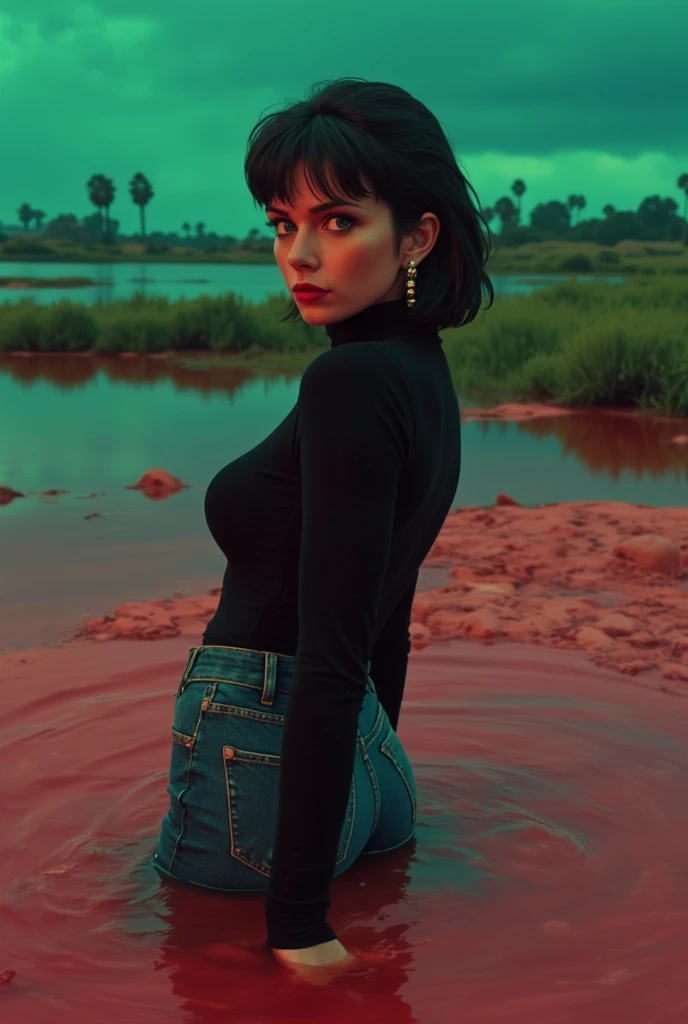   mature woman , dark orgasm , turtlenecks and flared levis jeans , drowning in a swamp with quicksand, green,red,sky, red lips,  turns around, provocative photo shoot  