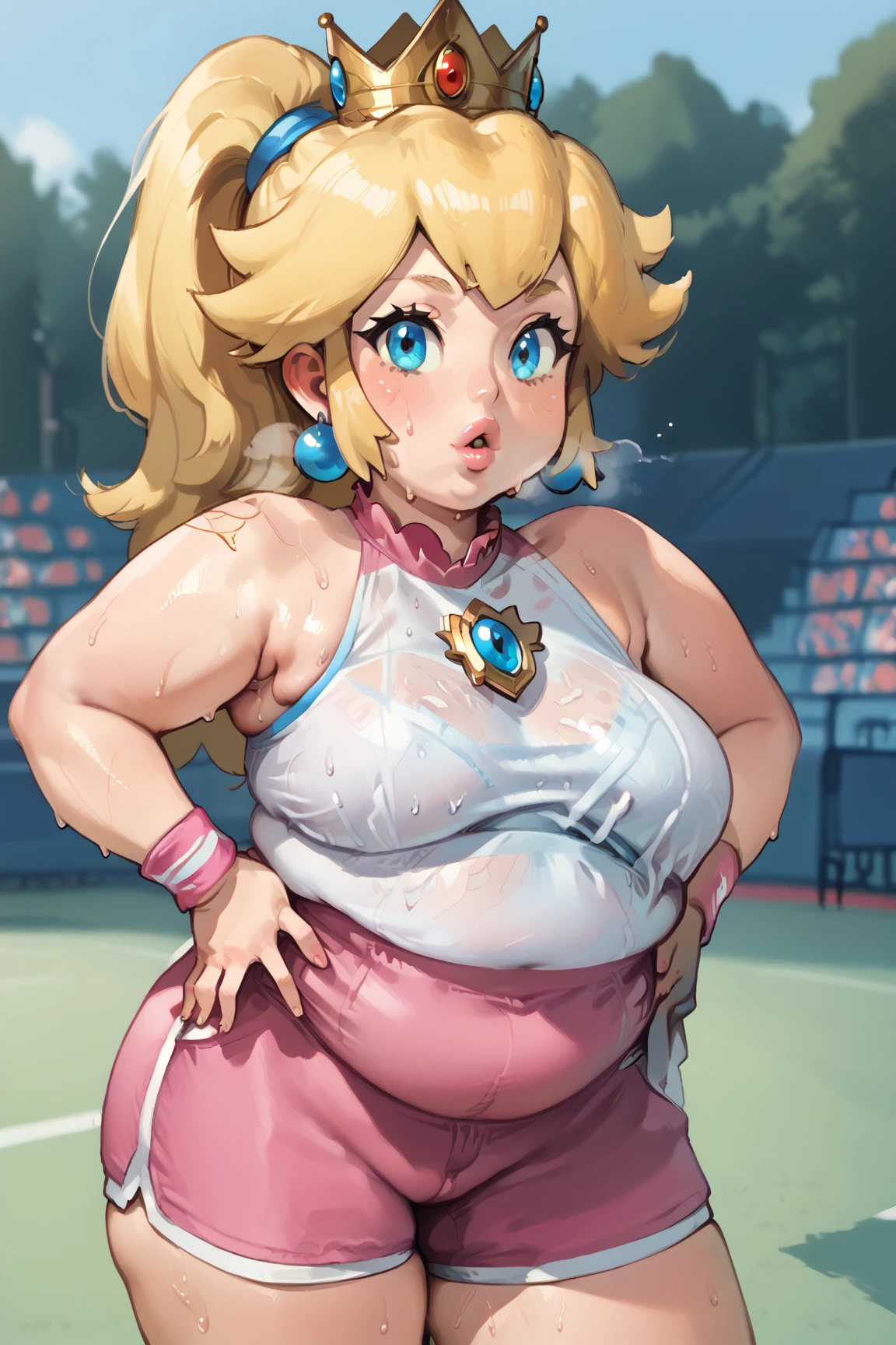 score_9_up, score_8_up, score_7_up, source_anime, (masterpiece, perfectly detailed, detailed face, detailed eyes, beautiful eyes), CuteMaster_PS, 1girl, princess peach, blonde hair, crown, blue eyes, ponytail, jewelry, tennis racket, sleeveless, earrings, ball, armpits, holding, medium breasts, half body, pink shorts, wristband, sportswear, parted lips, shirt, pink lips, out of breath, sweaty, open mouth, hands on hips, obese, chubby, big arms, thick thighs 