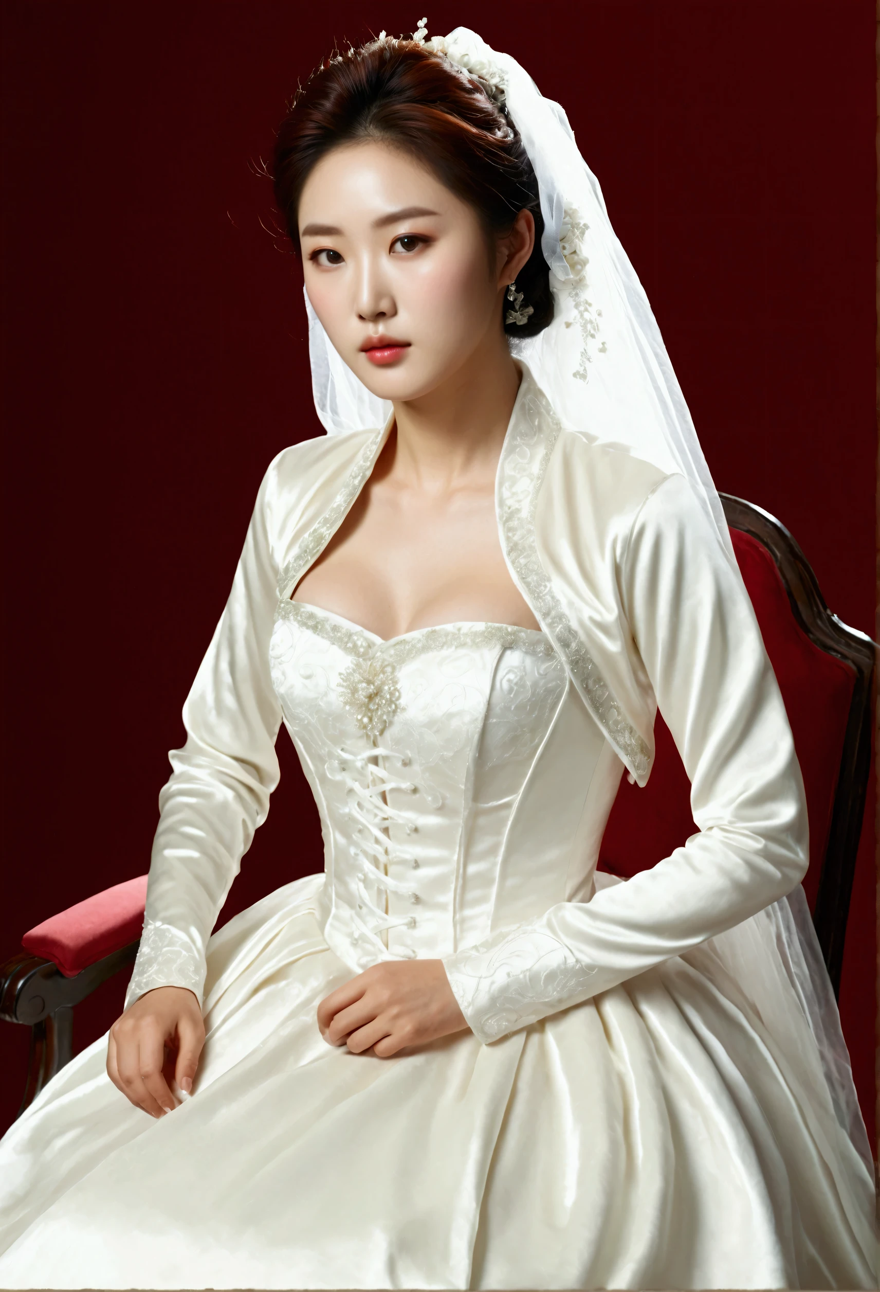 A Korean man had surgery to change his body from male to female, his body is completely female, he has big breasts like a woman, but his face is not changed and still looks like a man, His hair is still manly and short, he is wearing a women's wedding dress,  wedding gown, Vintage wedding dresses, medieval dresses, he is wearing Long sleeve cropped jacket, he is wearing Long sleeve bolero jacket, silk, shiny satin, sitting on a chair