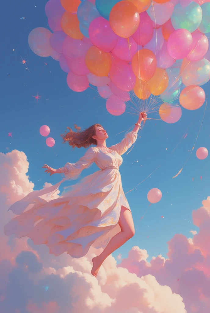  Picture of a woman flying through the sky with lots of balloons, fantastic fantasy landscape  ,   surreal concept art  ,   4k high definition digital art ,  high definition official artwork ,   fantasy matte paint ，   Fantasy Painting Style   ,   colorful concept art  ,  Magical Realism Matte Paint ,    Epic Surrealist 8K Oil Painting   