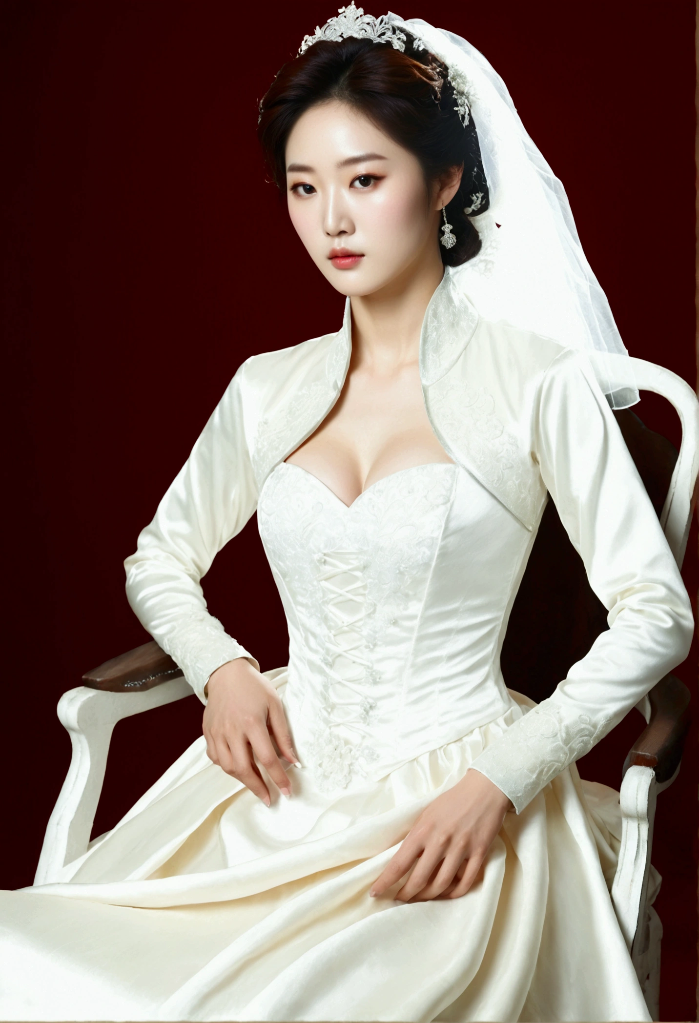 A Korean man had surgery to change his body from male to female, his body is completely female, he has big breasts like a woman, but his face is not changed and still looks like a man, His hair is still manly and short, he is wearing a women's wedding dress,  wedding gown, Vintage wedding dresses, medieval dresses, he is wearing Long sleeve cropped jacket, he is wearing Long sleeve bolero jacket, silk, shiny satin, sitting on a chair