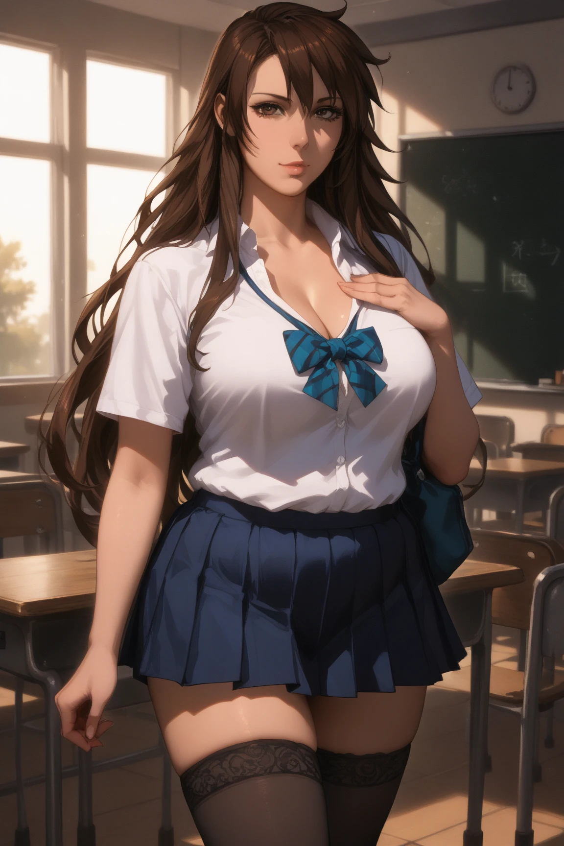  fullbody,(Highest quality,Very detailed,Realistic:1.37),(Studio Lighting),(Chubby girl),(parfect face),(Curved body),(Glowing Skin),(High Contrast),(Confident posture),( kanako, brown hair, long hair, brown eyes, mole under eye, school uniform, pleated skirt, thighhighs, cleavage),(,Dynamic configuration),(Soft Shadows),(Dramatic lighting),((Large Breasts:1.3)), ((( high definition , masterpiece,  top quality))) ,classroom