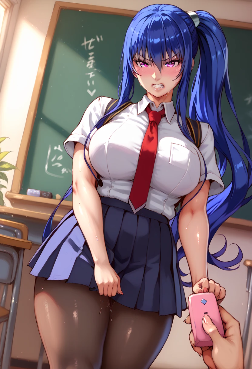 Akiyama Rinko, 1girl, blue hair, long hair, sidelocks, bangs, purple eyes, ponytail,side ponytail,school uniform, white shirt, short sleeves, red necktie, pleated skirt, black pantyhose,large breasts,,score_9, score_8_up, score_7_up, perfect hands, perfect finger,perfect anatomy, masterpiece, best quality,realistic, hyperrealistic, 16k hdr,1 mature female, thighs, curvy, indoors,writing on  chalkboard, high school,standing,sweat,(red blush,orgasm,angry:1.2),(POV holding remote controller),from below