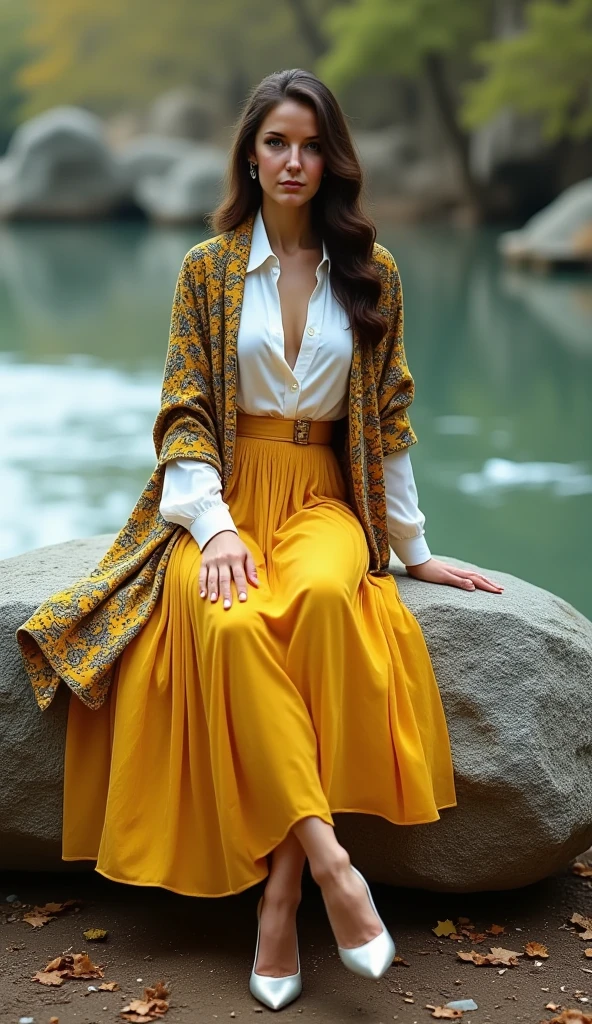 Lady in hijab white shirt with open buttons and big breasts with patterned shawl and pleated yellow skirt and high heeled boots and belt sitting on a boulder by the river looking at the camera