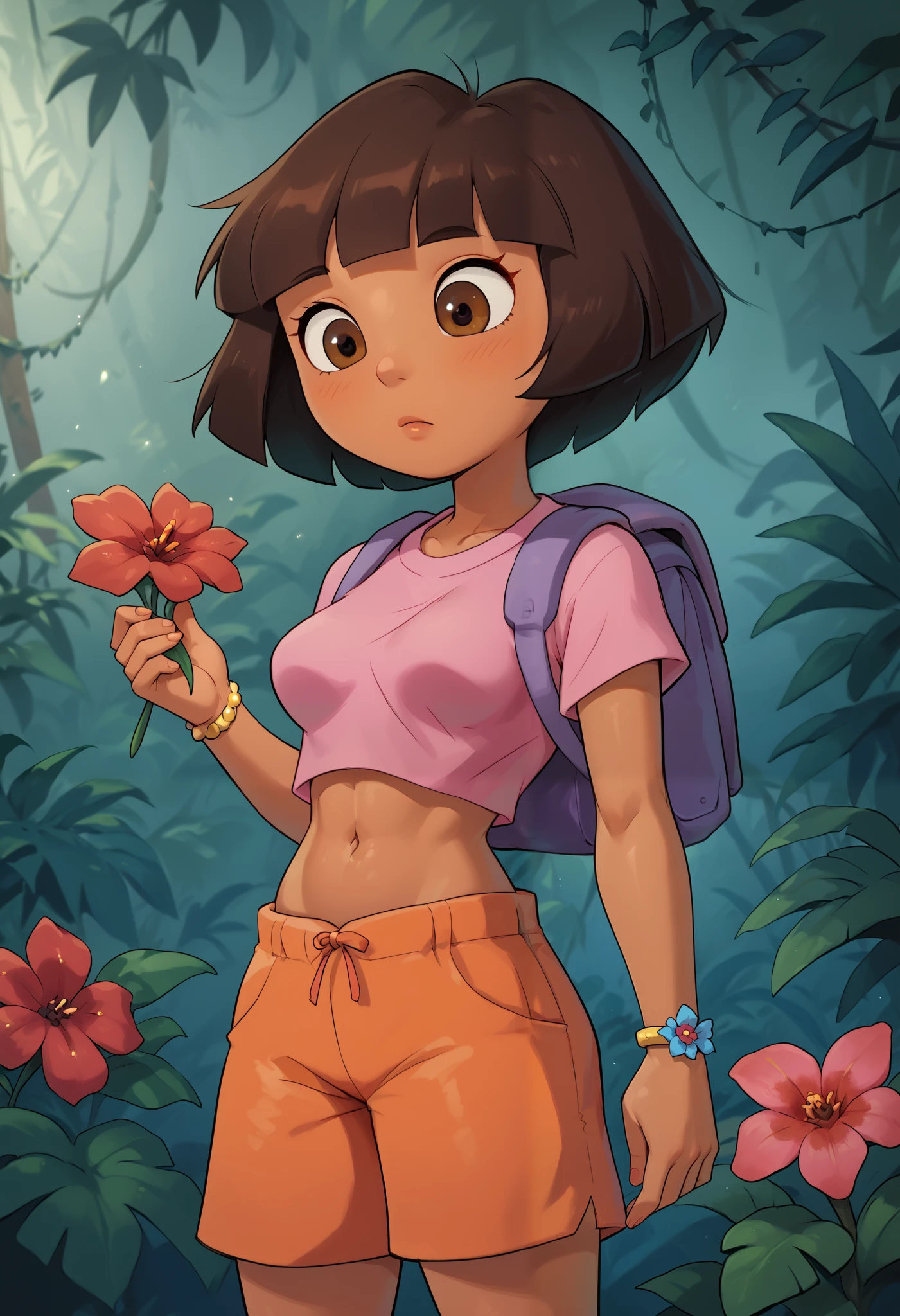  solo, cute, medium breasts, Dora, looking down, holding a flower, red flower, brown eyes, in a jungle outdoors, dark-skinned female, bob cut, (pink shirt), crop top, bare midriff, loose shirt, (orange shorts), bracelet, backpack, (slender athletic body), 