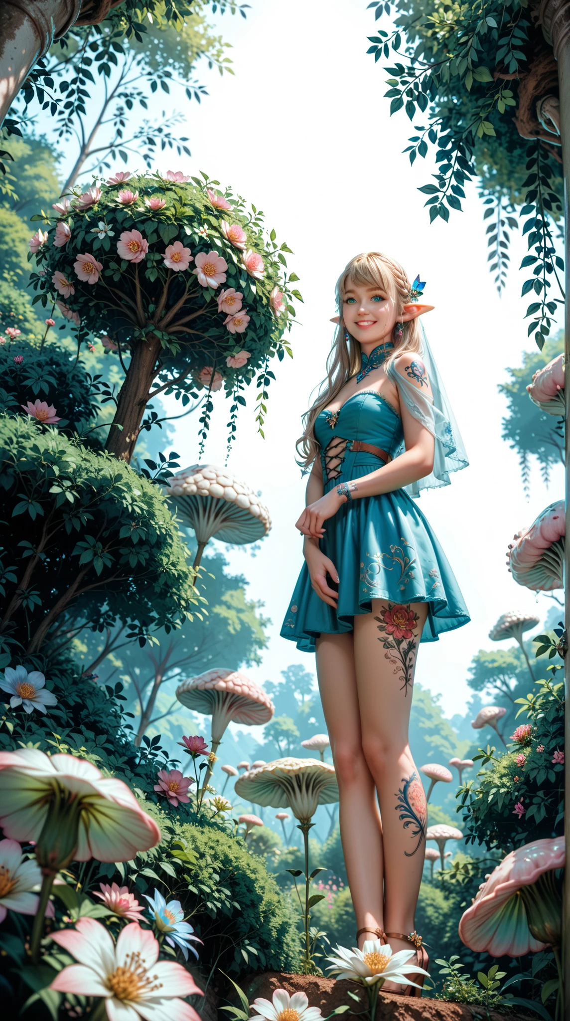 Super realistic full-body lens ， a  cute ，90 cm tall little elf ， A beautiful little elf standing in a tall bush ， Hand-bone Grip Spire ，臉上精靈浮文Tattoo，Tattoo， standing in a tall bush of flowers ，Thinking，Exquisite Personalized Background ， high resolution ,  blue eyes, Smile,  Shine Effect ,  Textured Skin ,  Ultra HD,  Panorama ,full_shot,from_below,looking_down,stare,fluorescent mushroom forests background,