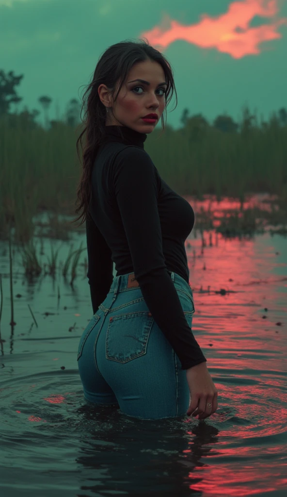   mature woman , dark orgasm , turtlenecks and flared levis jeans , drowning in a swamp with quicksand, green,red,sky, red lips,  turns around, provocative photo shoot  